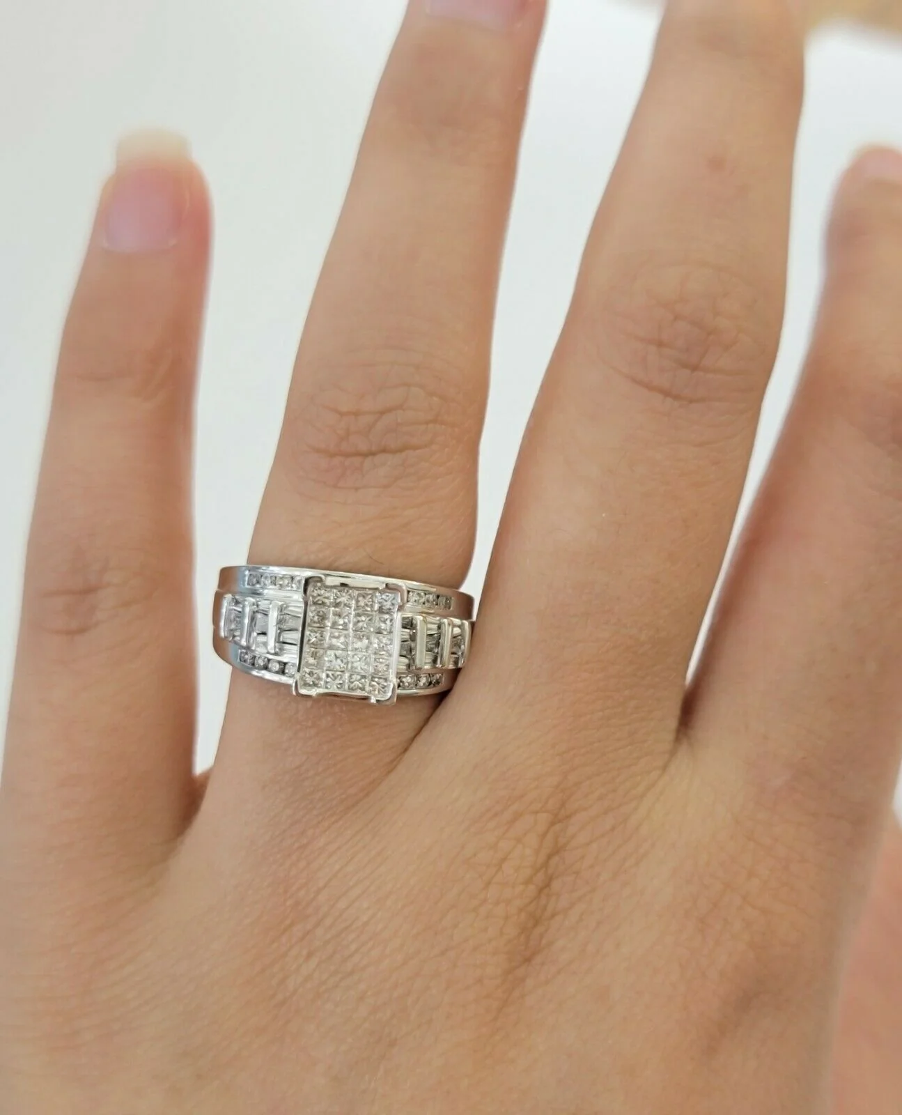 14k white Gold 1CT Diamond Ladies Ring Princess Cut Baguette Round Diamond,Women - Image 8