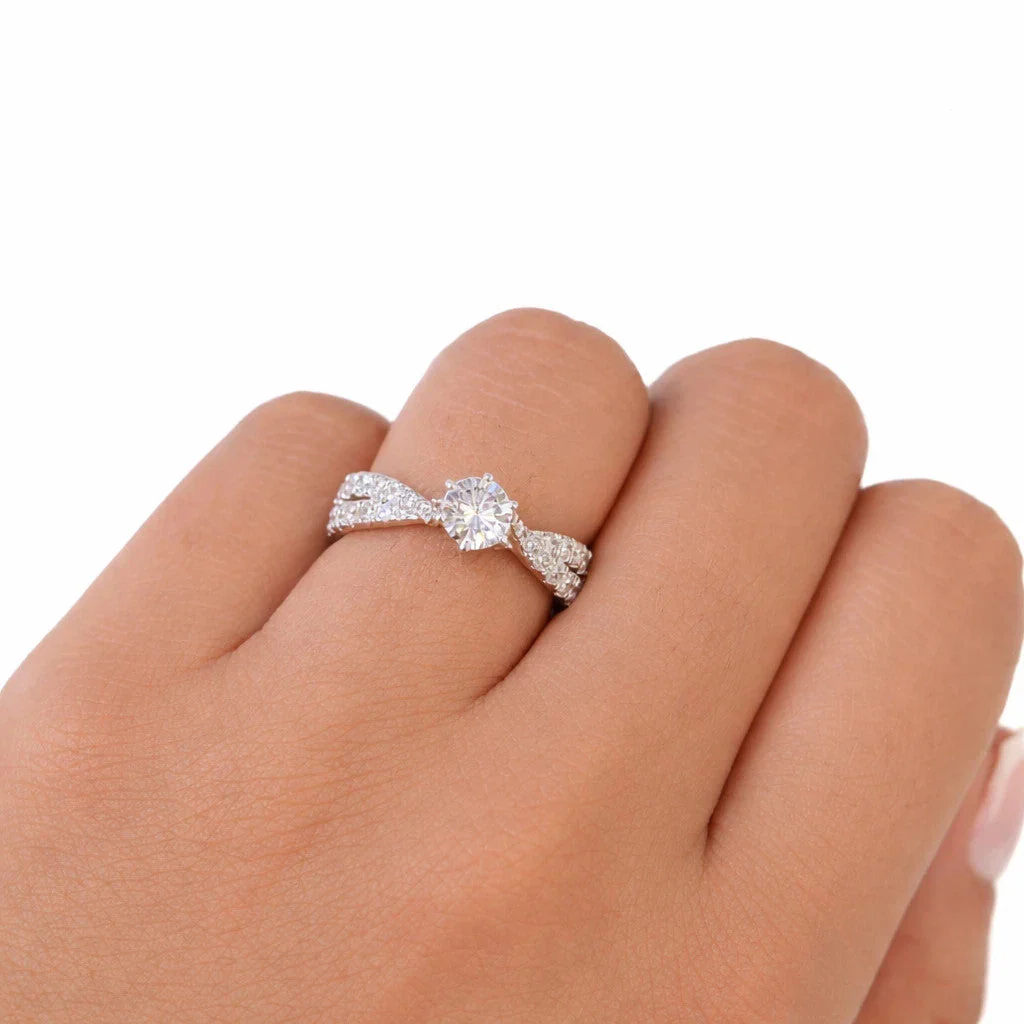 14k White Gold Round Pave Ring LAB Created Diamonds Wedding Ladies Band Women - Image 3