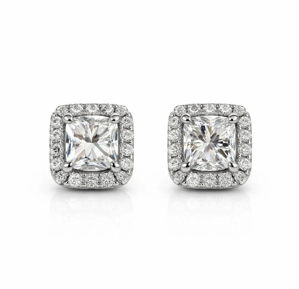 14k White Gold Square Diamond Earrings Lab Created Screw-Back Women Men Studs - Image 2