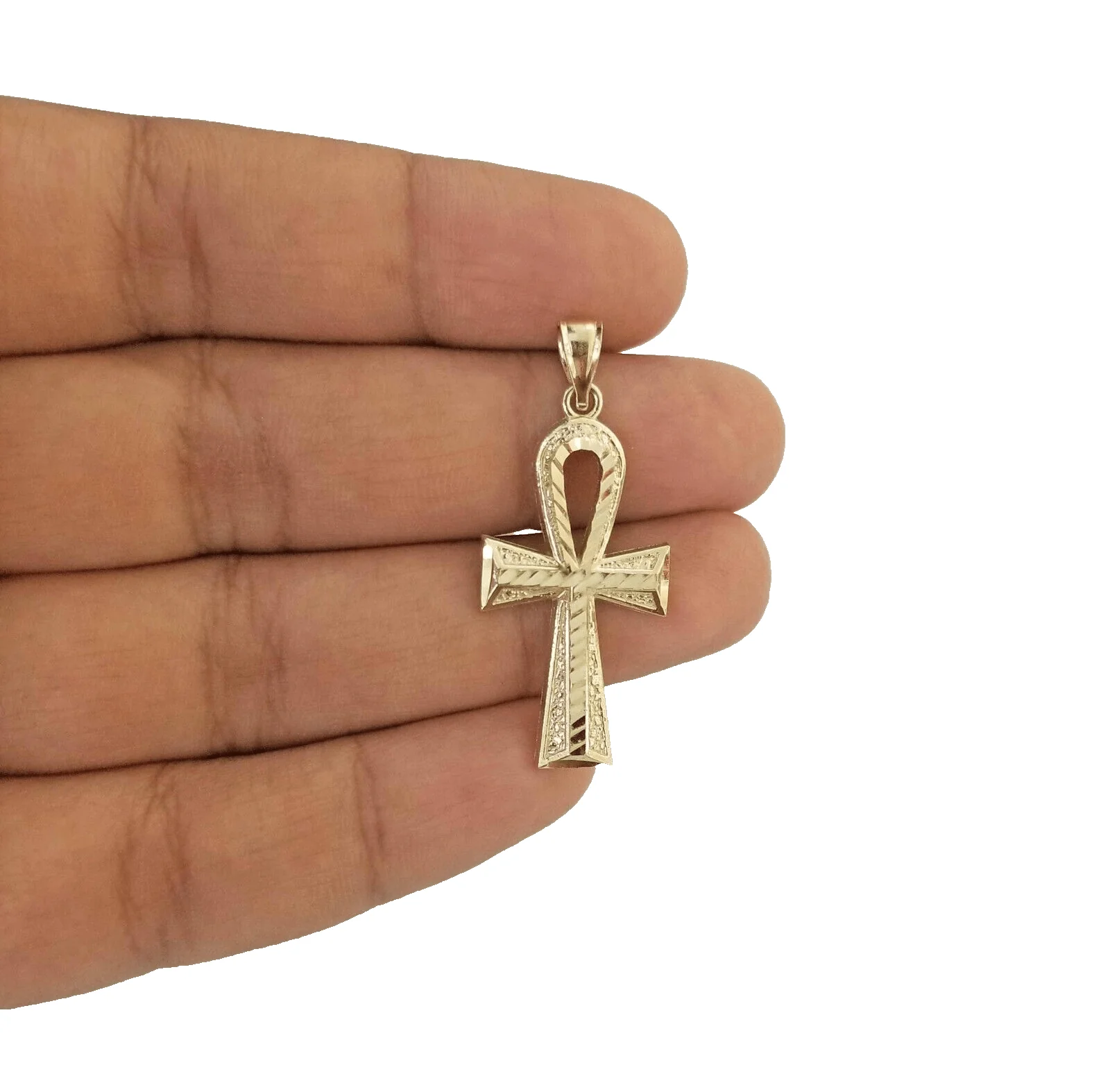 14k Yellow Gold Ankh Cross Charm Pendant 1.5'' Diamond Cut Chain Real 14kt