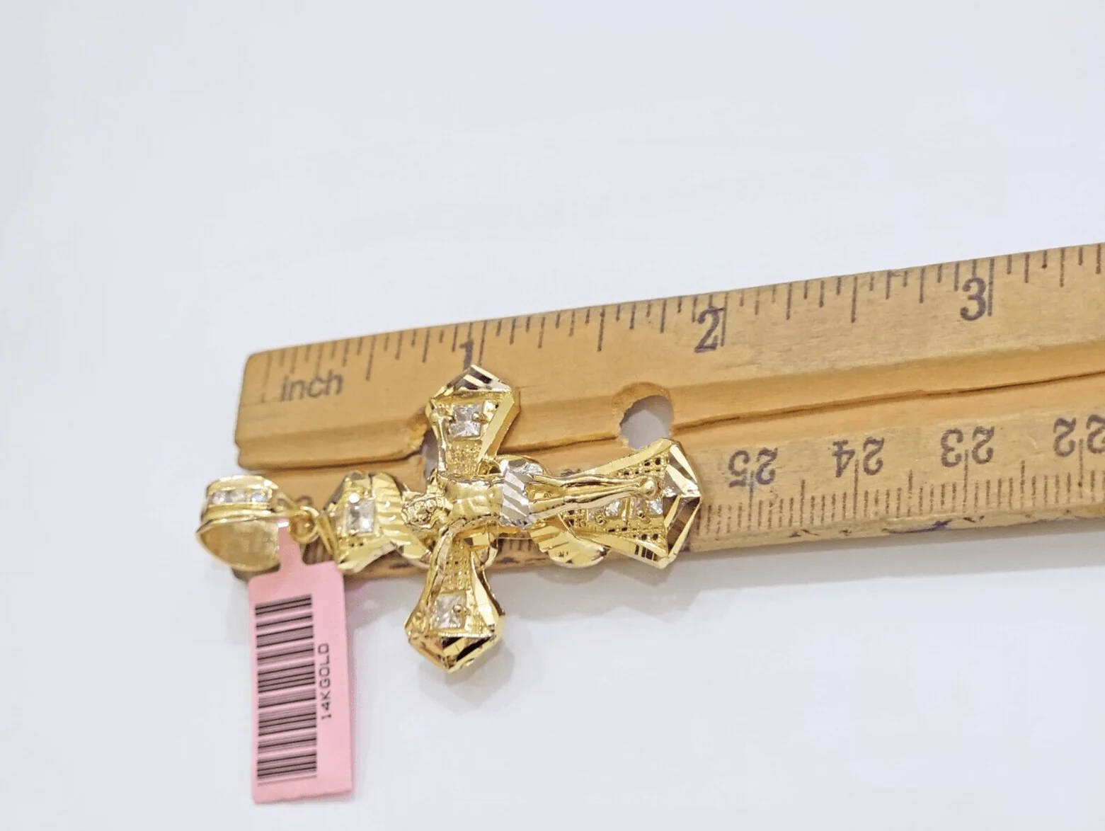 14k Yellow Gold Cross Charm Jesus Pendant 2 Inch CZ Crucifix For Chain 14kt SALE - Image 3