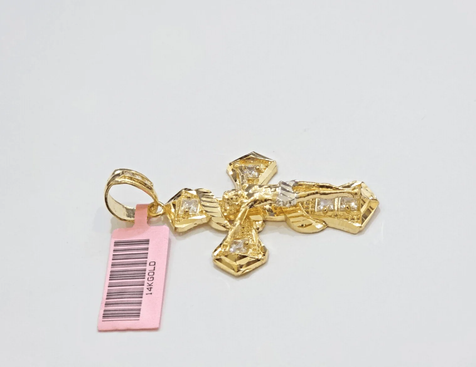 14k Yellow Gold Cross Charm Jesus Pendant 2 Inch CZ Crucifix For Chain 14kt SALE - Image 5