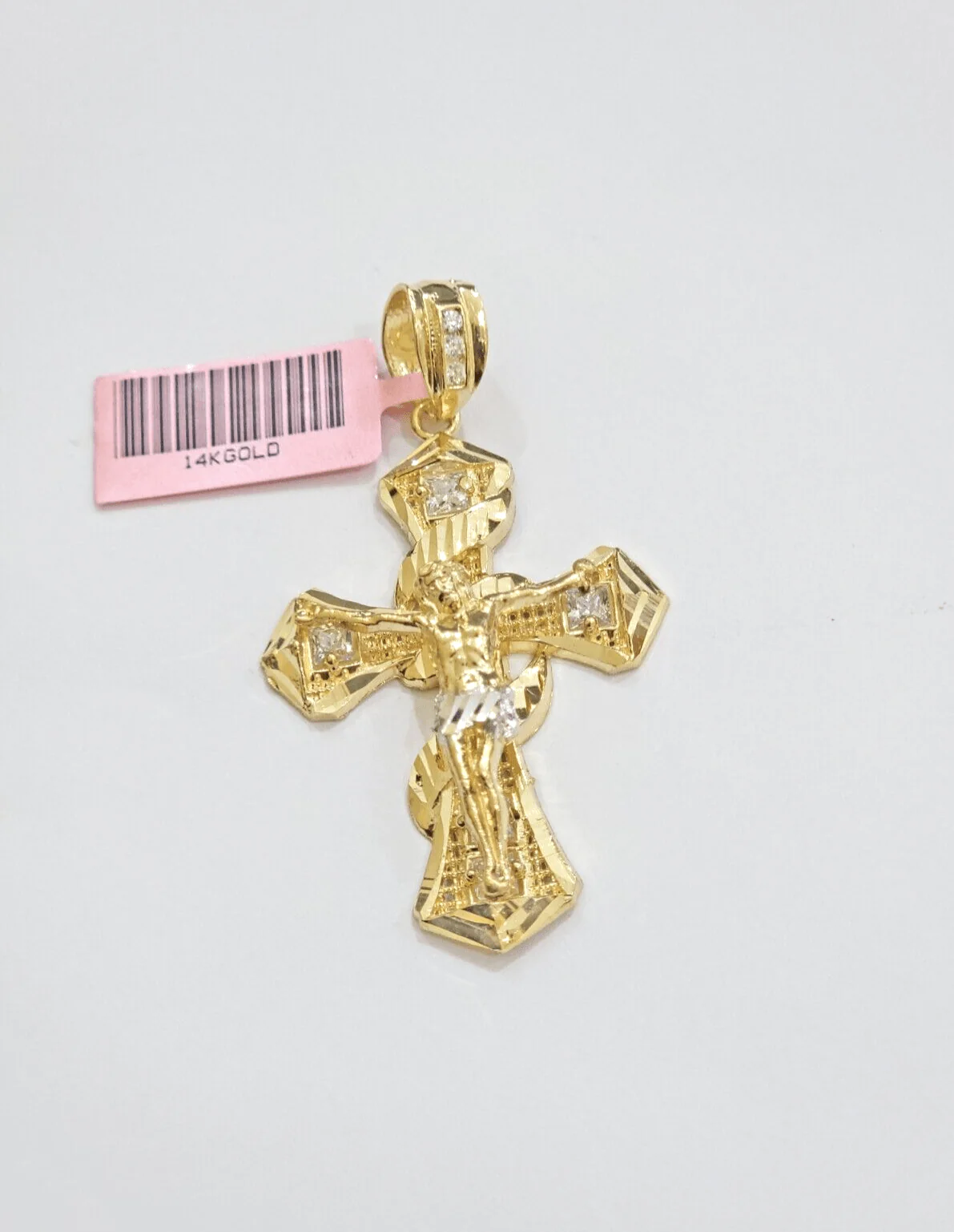 14k Yellow Gold Cross Charm Jesus Pendant 2 Inch CZ Crucifix For Chain 14kt SALE - Image 6