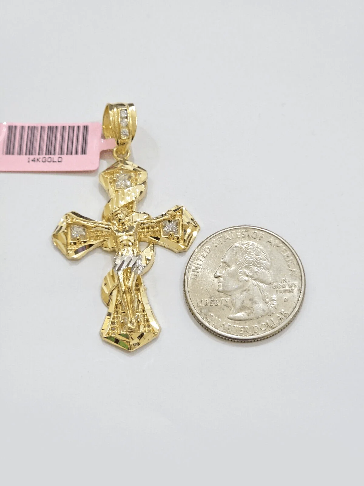 14k Yellow Gold Cross Charm Jesus Pendant 2 Inch CZ Crucifix For Chain 14kt SALE - Image 7
