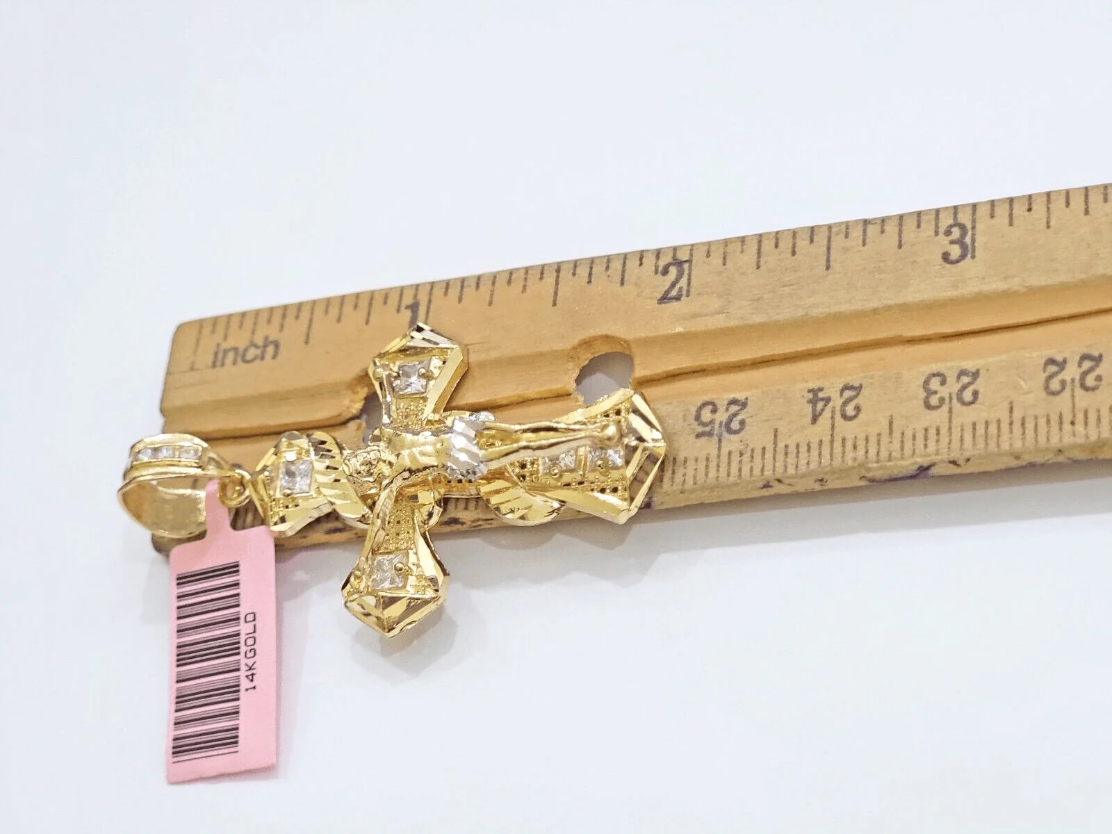 14k Yellow Gold Cross Charm Jesus Pendant 2 Inch CZ Crucifix For Chain 14kt SALE - Image 8