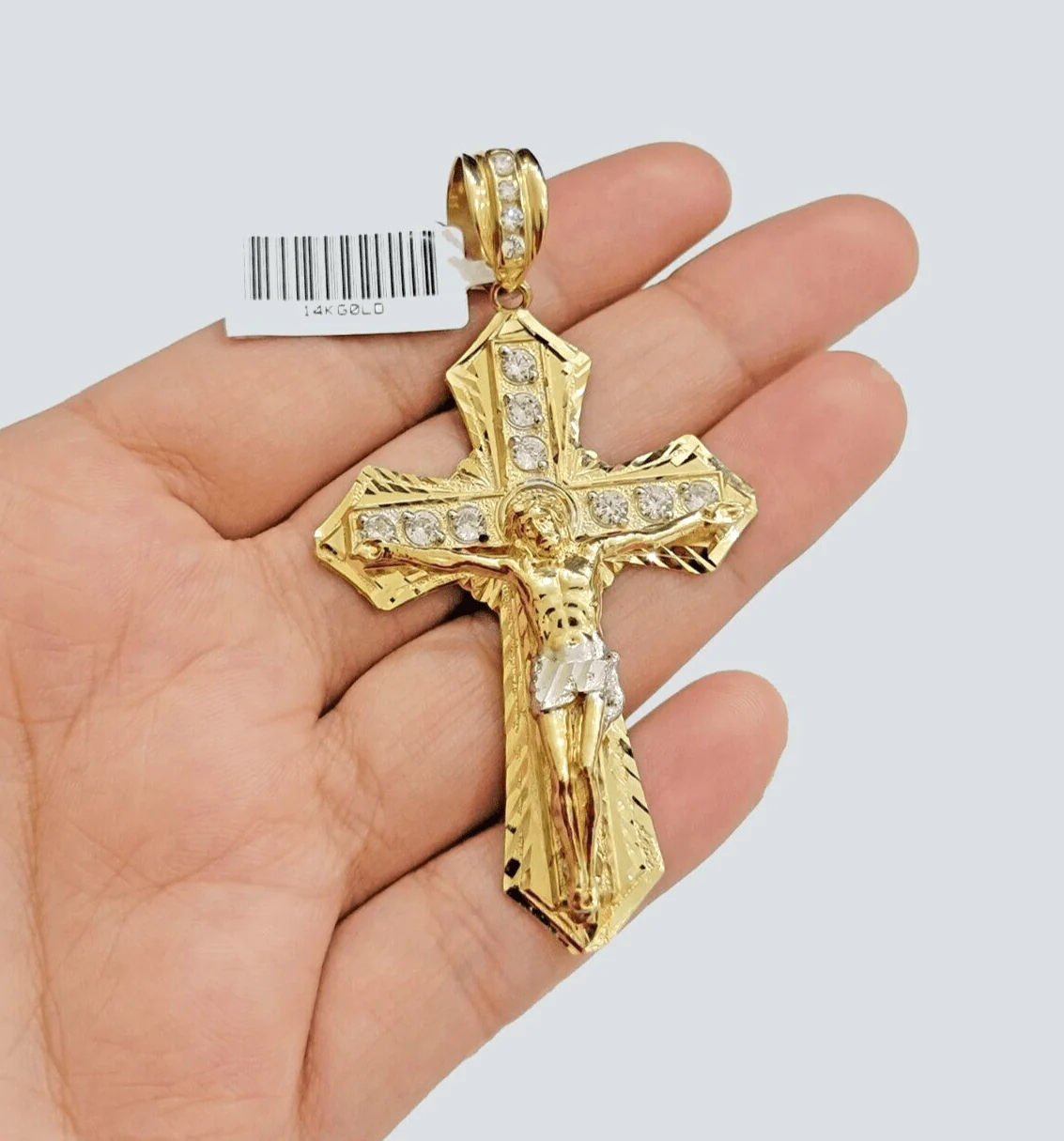 14k Yellow Gold Cross Charm Pendant Jesus Crucifix 3" With Stone Mens REAL 14kt - Image 2