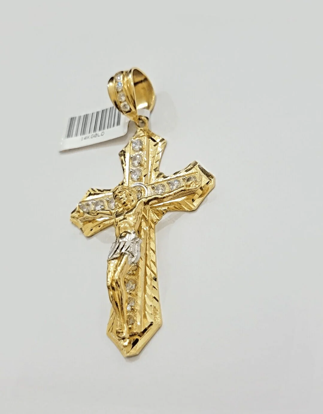 14k Yellow Gold Cross Charm Pendant Jesus Crucifix 3" With Stone Mens REAL 14kt - Image 3