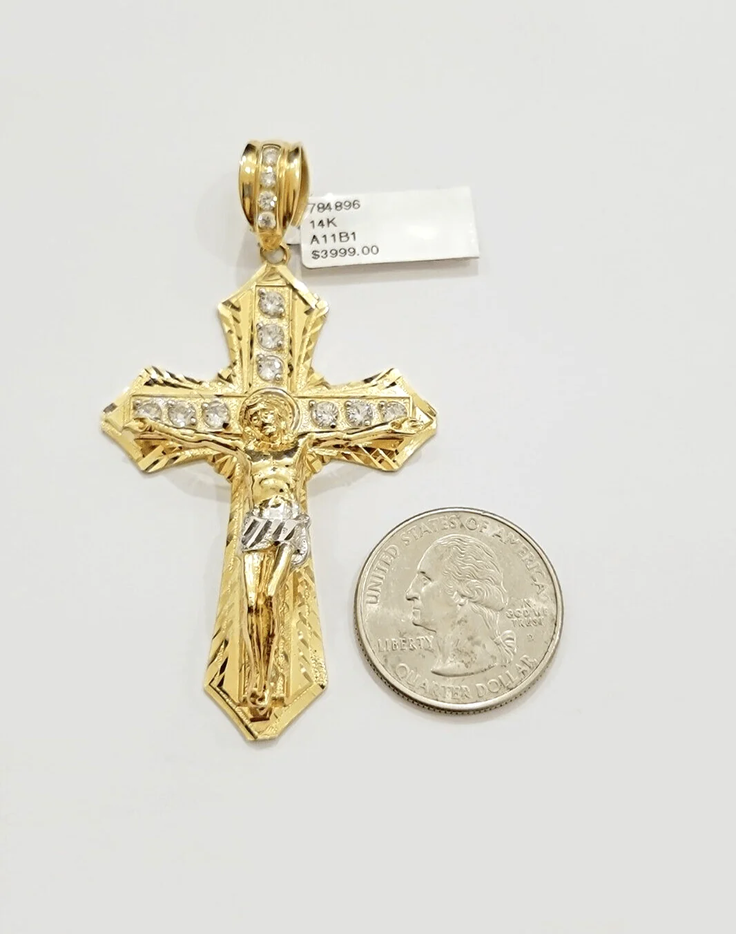 14k Yellow Gold Cross Charm Pendant Jesus Crucifix 3" With Stone Mens REAL 14kt - Image 6