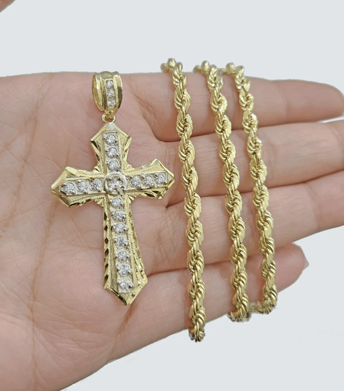 14k Yellow Gold Cross Charm Rope Chain Necklace 4mm 22'' Pendant 14kt Jesus Real - Image 2