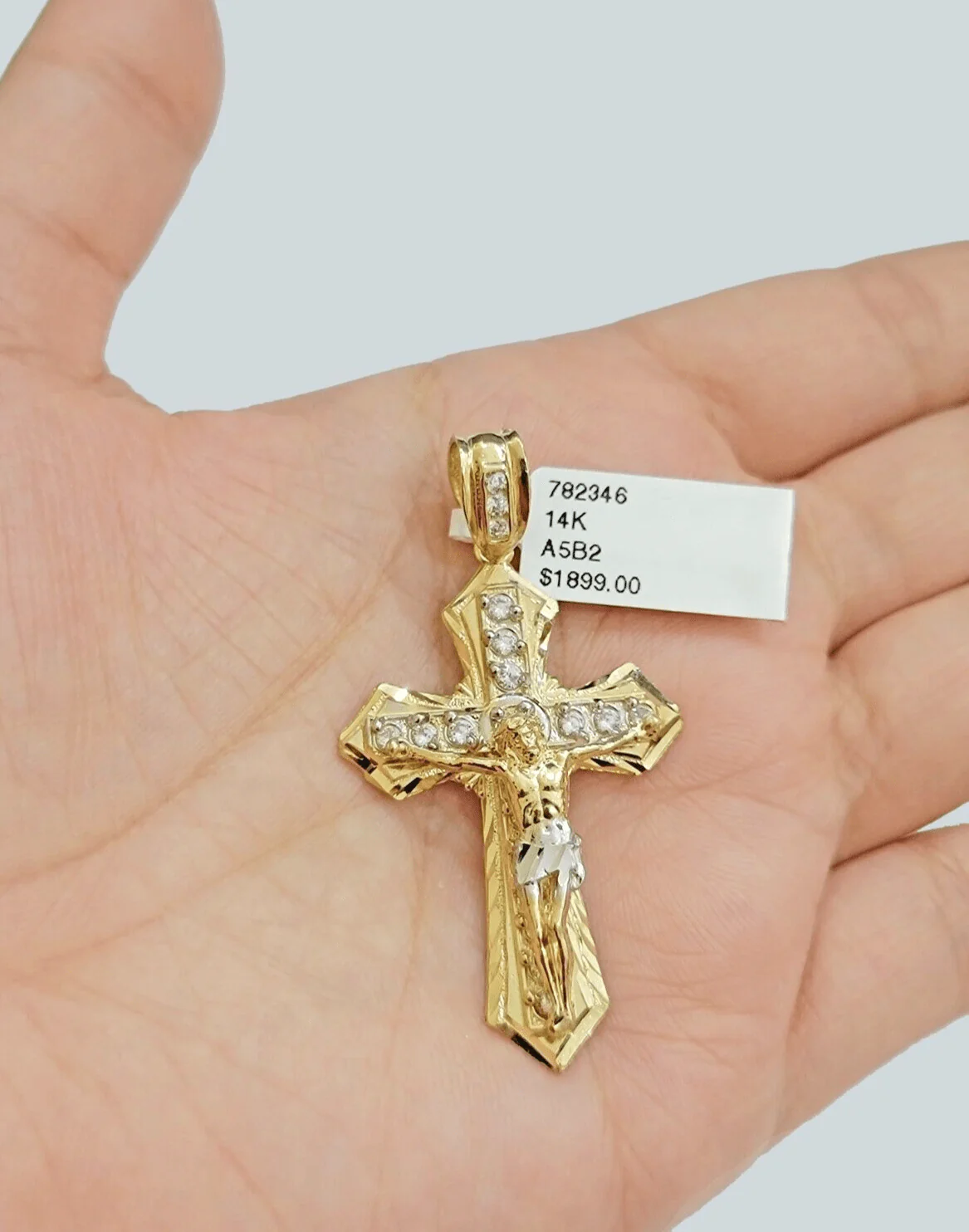 14k Yellow Gold Cross Jesus Crucifix Pendant 2 Inch 14kt CZ Charm Mens REAL 14kt - Image 4