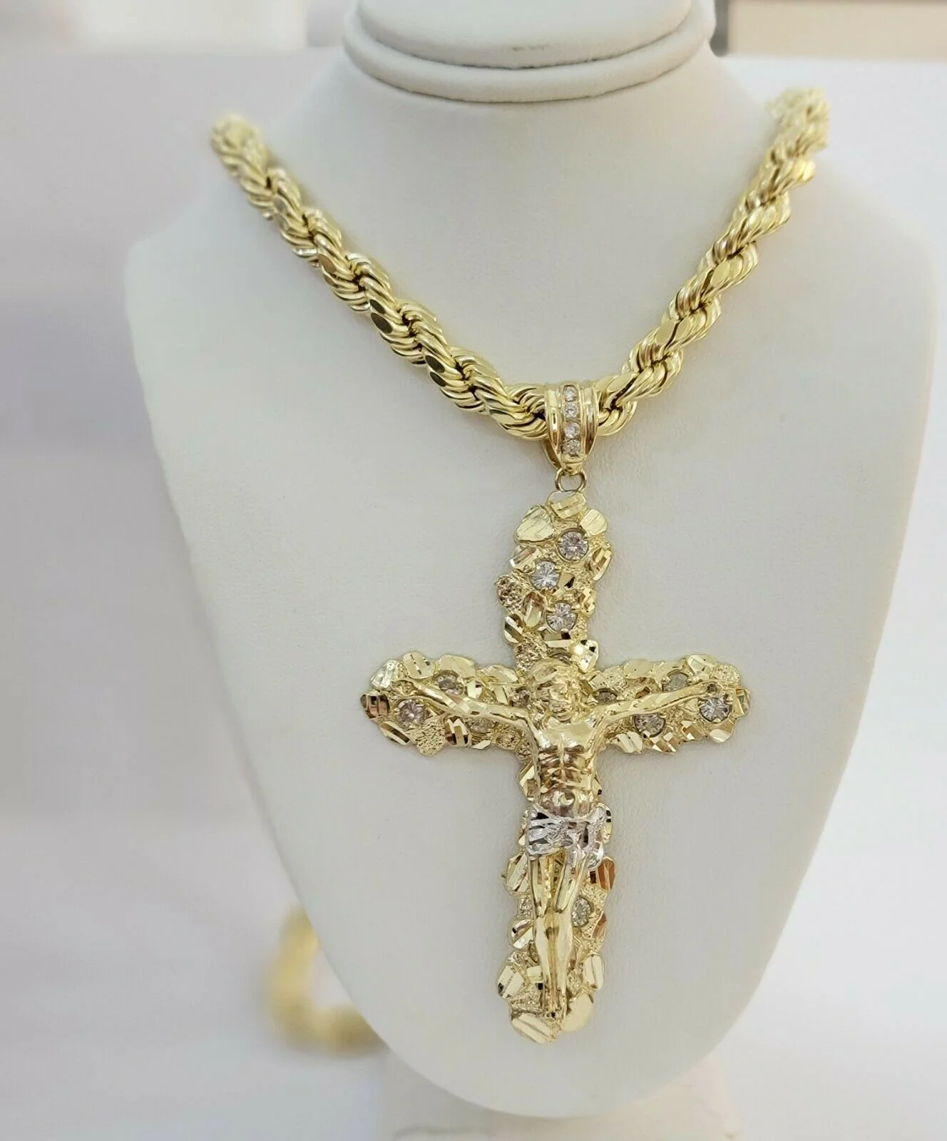 14k Yellow Gold Cross Nugget Jesus Crucifix Pendant 3.5 Inch 14kt Gold Mens REAL - Image 3