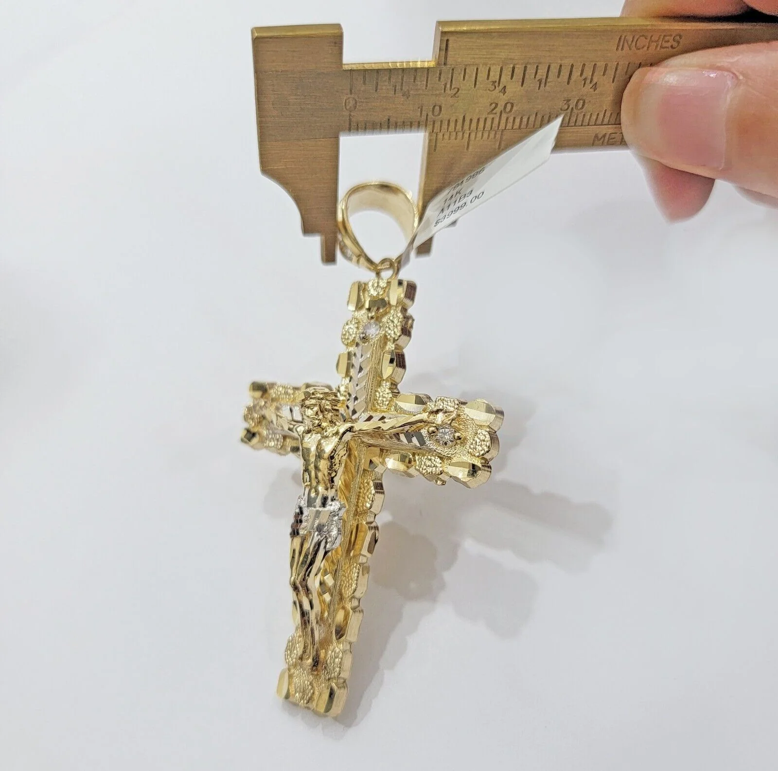14k Yellow Gold Cross Nugget Pendant Jesus Crucifix 3 Inch 14kt Gold Men's REAL - Image 5