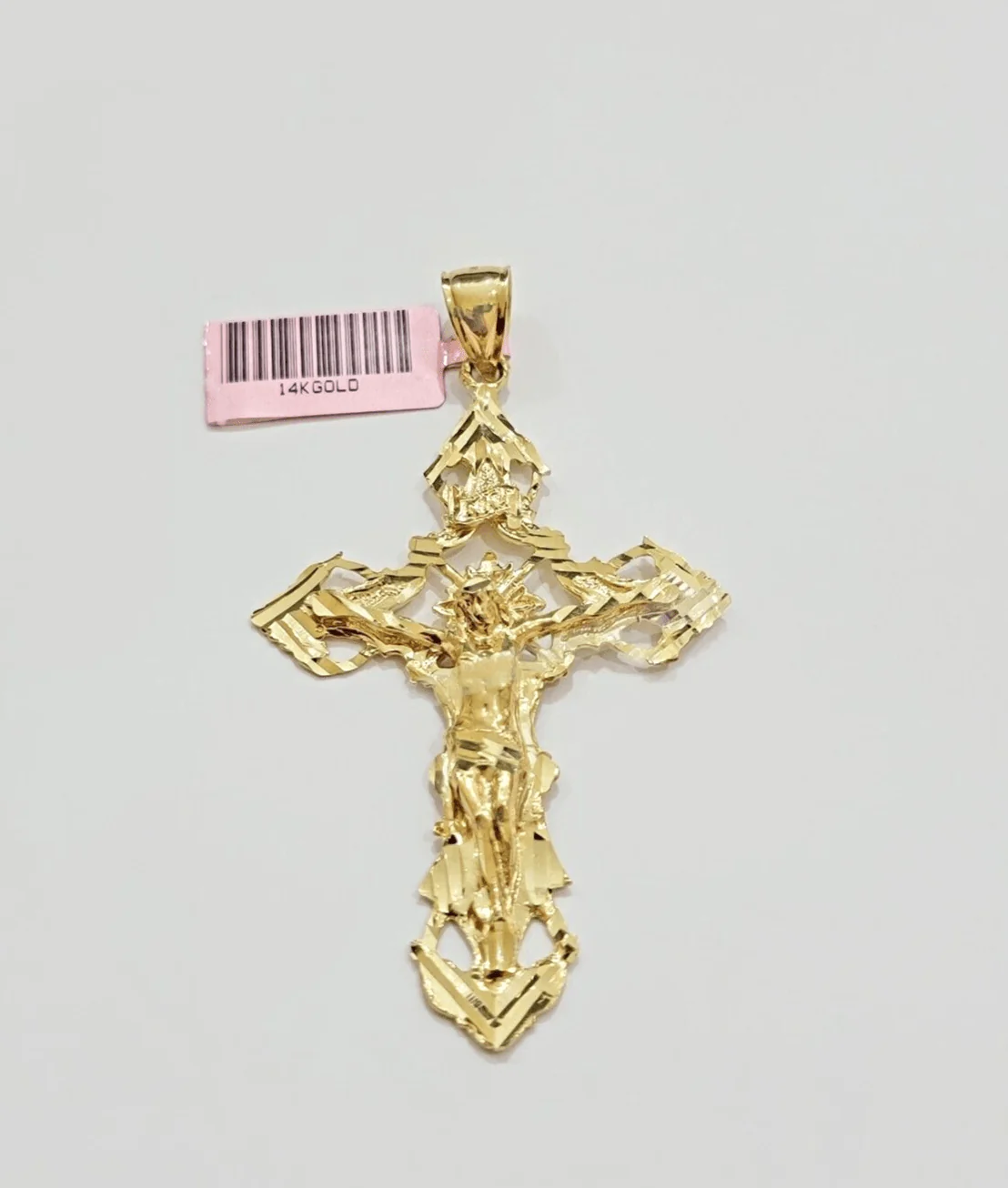 14k Yellow Gold Jesus Cross Charm Pendant 3 Inches Crucifix Chain Necklace SALE - Image 2