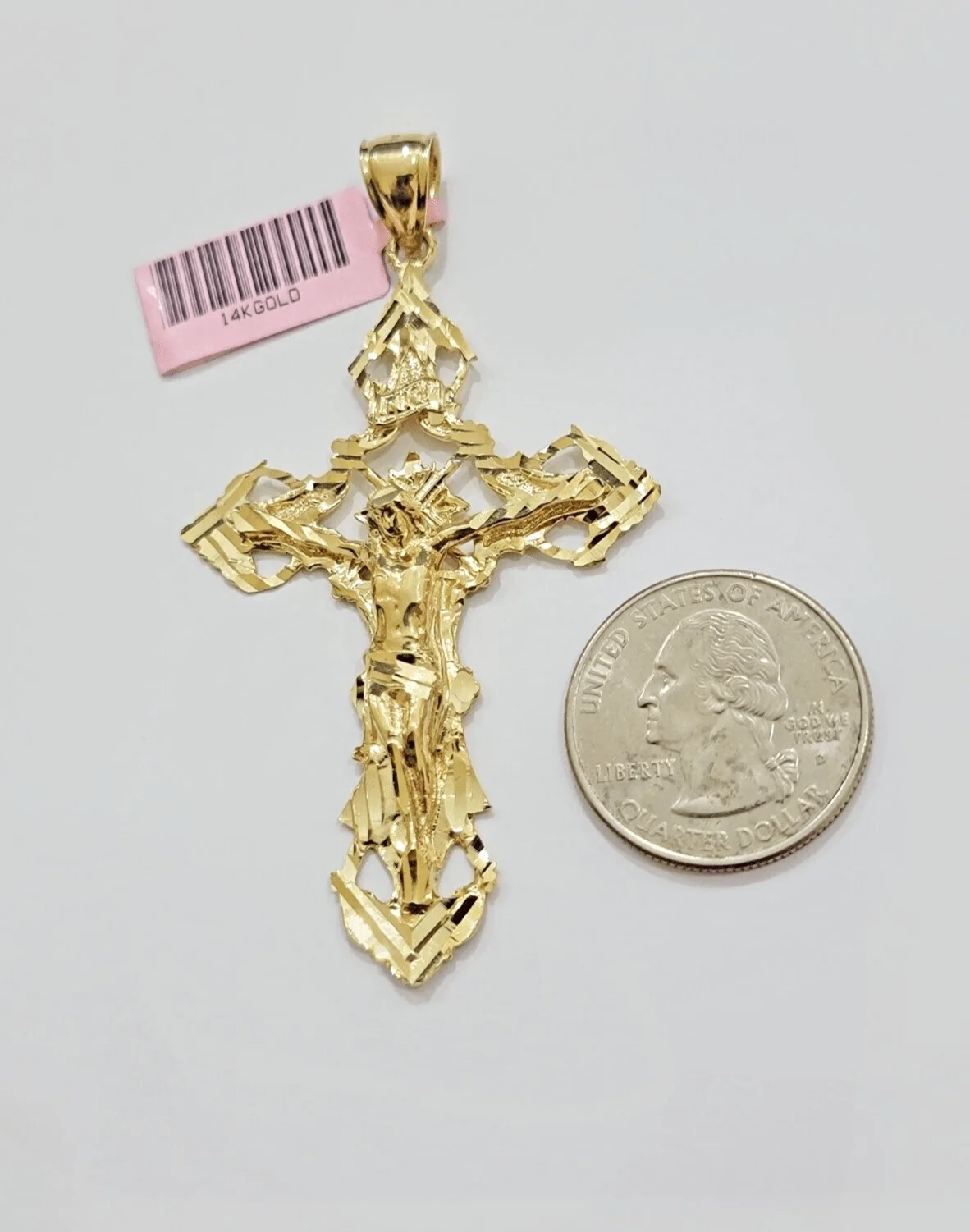 14k Yellow Gold Jesus Cross Charm Pendant 3 Inches Crucifix Chain Necklace SALE - Image 6