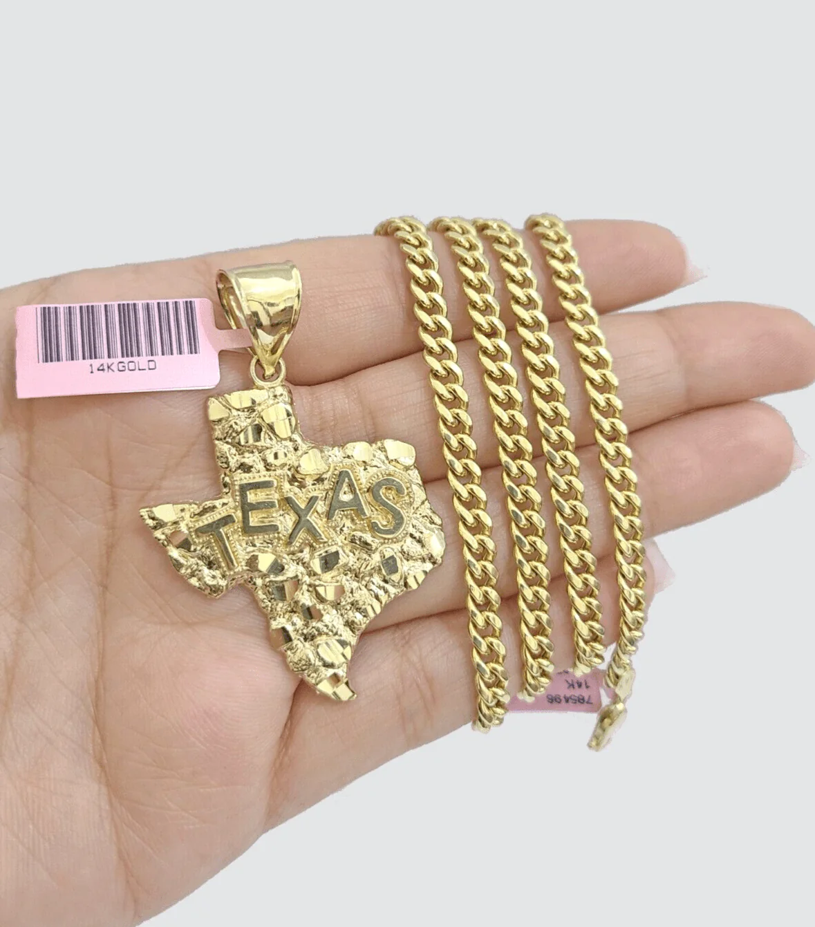 14k Yellow Gold Miami Cuban Chain 20 Inch Necklace Texas Map Charm Pendant Real - Image 5