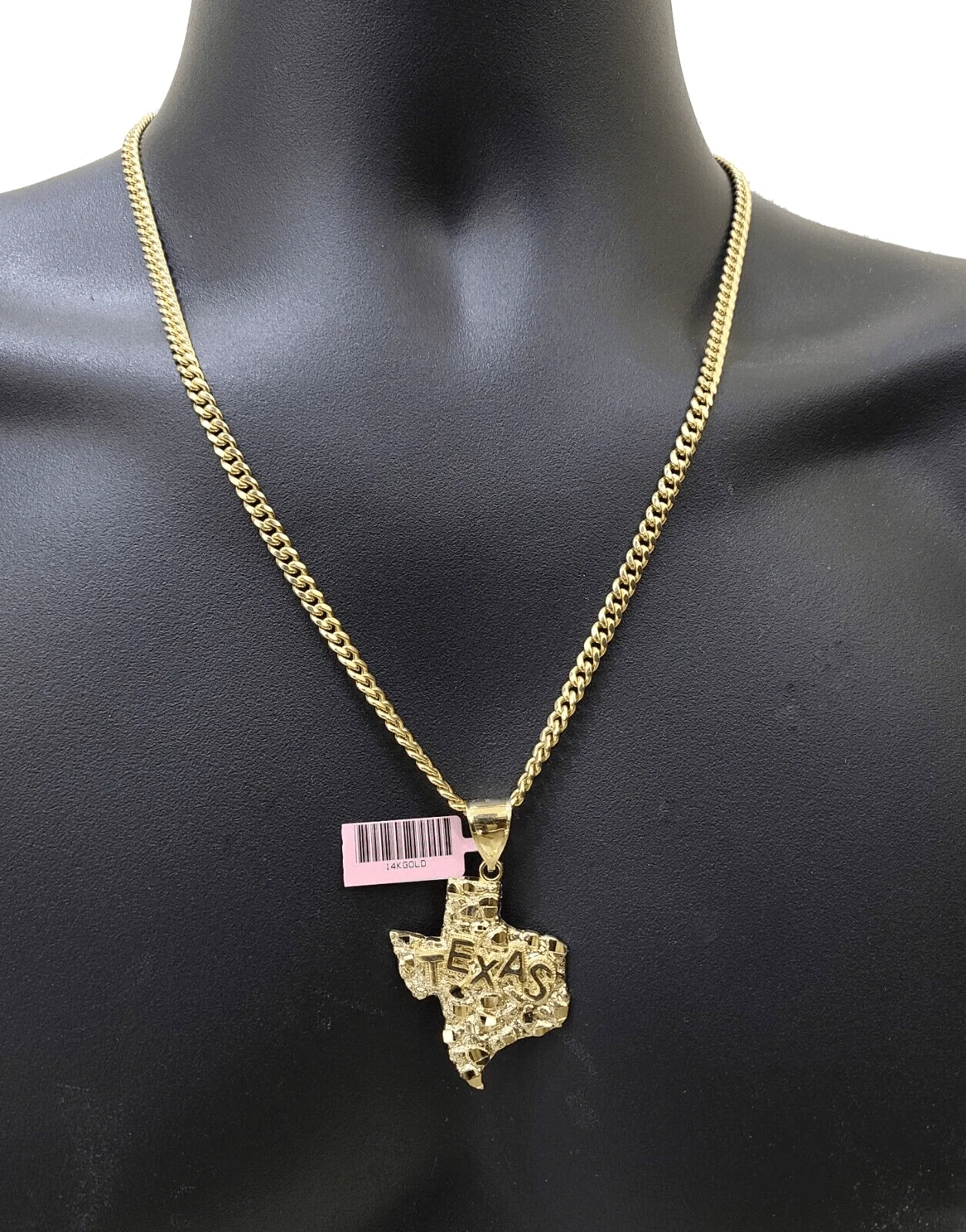 14k Yellow Gold Miami Cuban Chain 20 Inch Necklace Texas Map Charm Pendant Real - Image 6