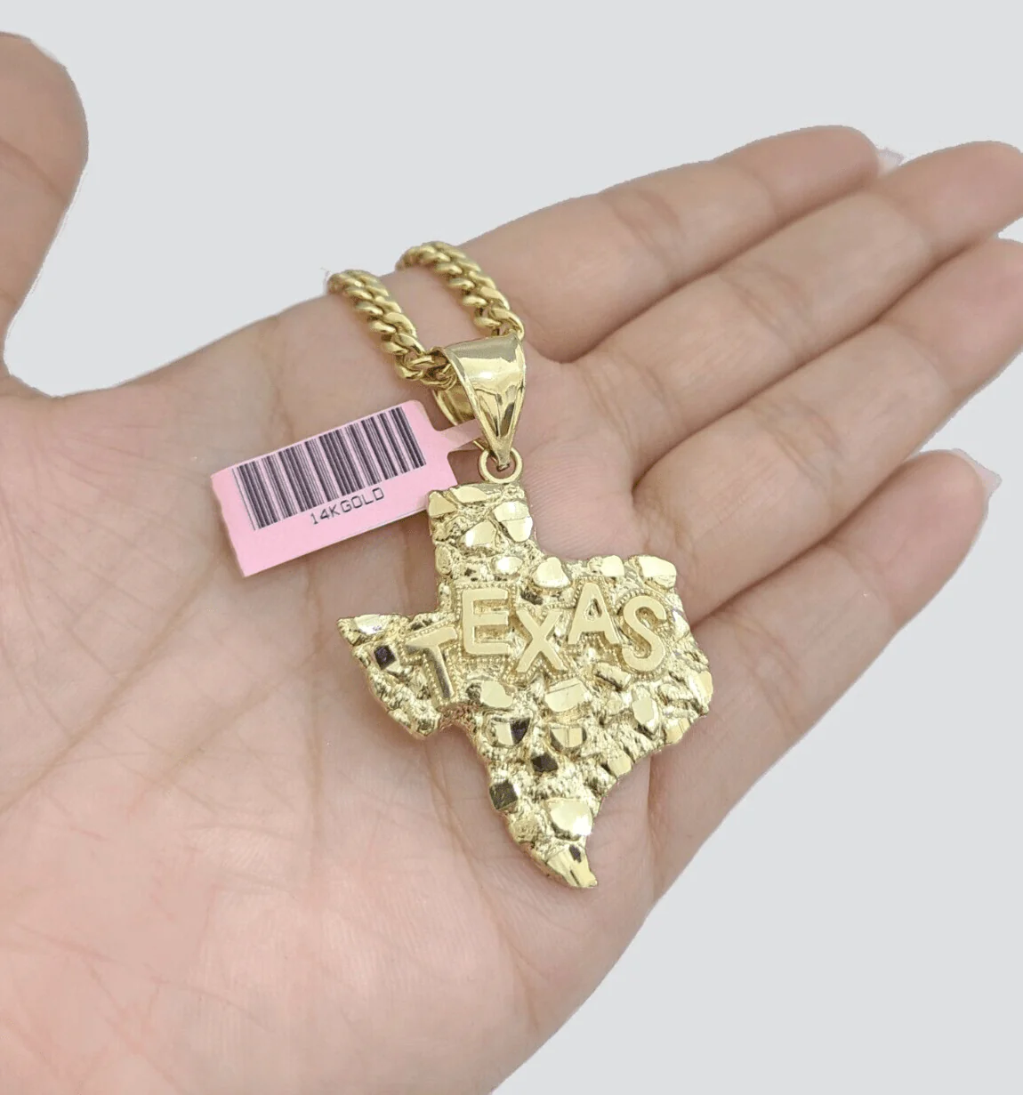 14k Yellow Gold Miami Cuban Chain 24 Inch Necklace Texas Map Charm Pendant Real - Image 5