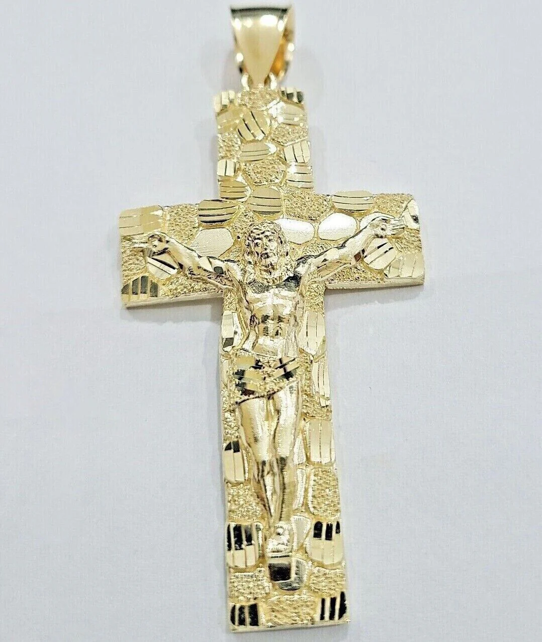 14k Yellow Gold Nugget Jesus Cross Charm Pendant 2'' inches Real 14kt Chain - Image 3