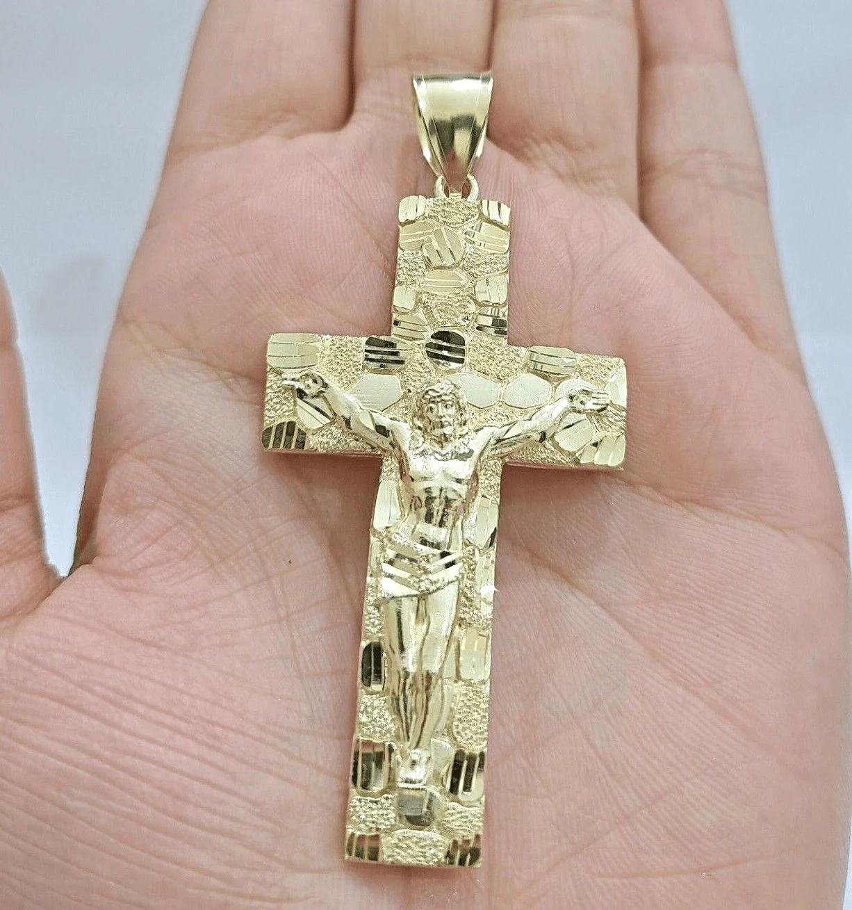 14k Yellow Gold Nugget Jesus Cross Charm Pendant 2'' inches Real 14kt Chain - Image 4