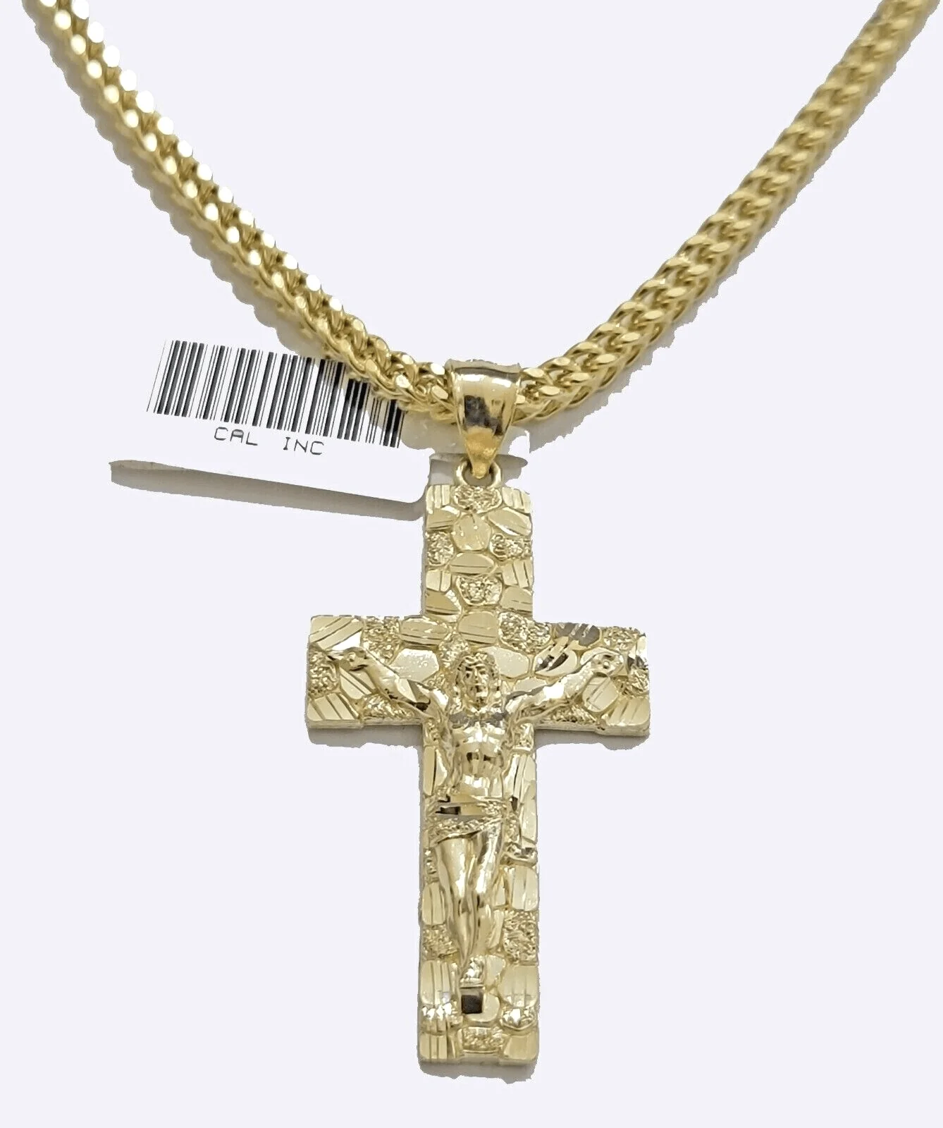 14k Yellow Gold Nugget Jesus Cross Charm Pendant 2'' inches Real 14kt Chain - Image 5