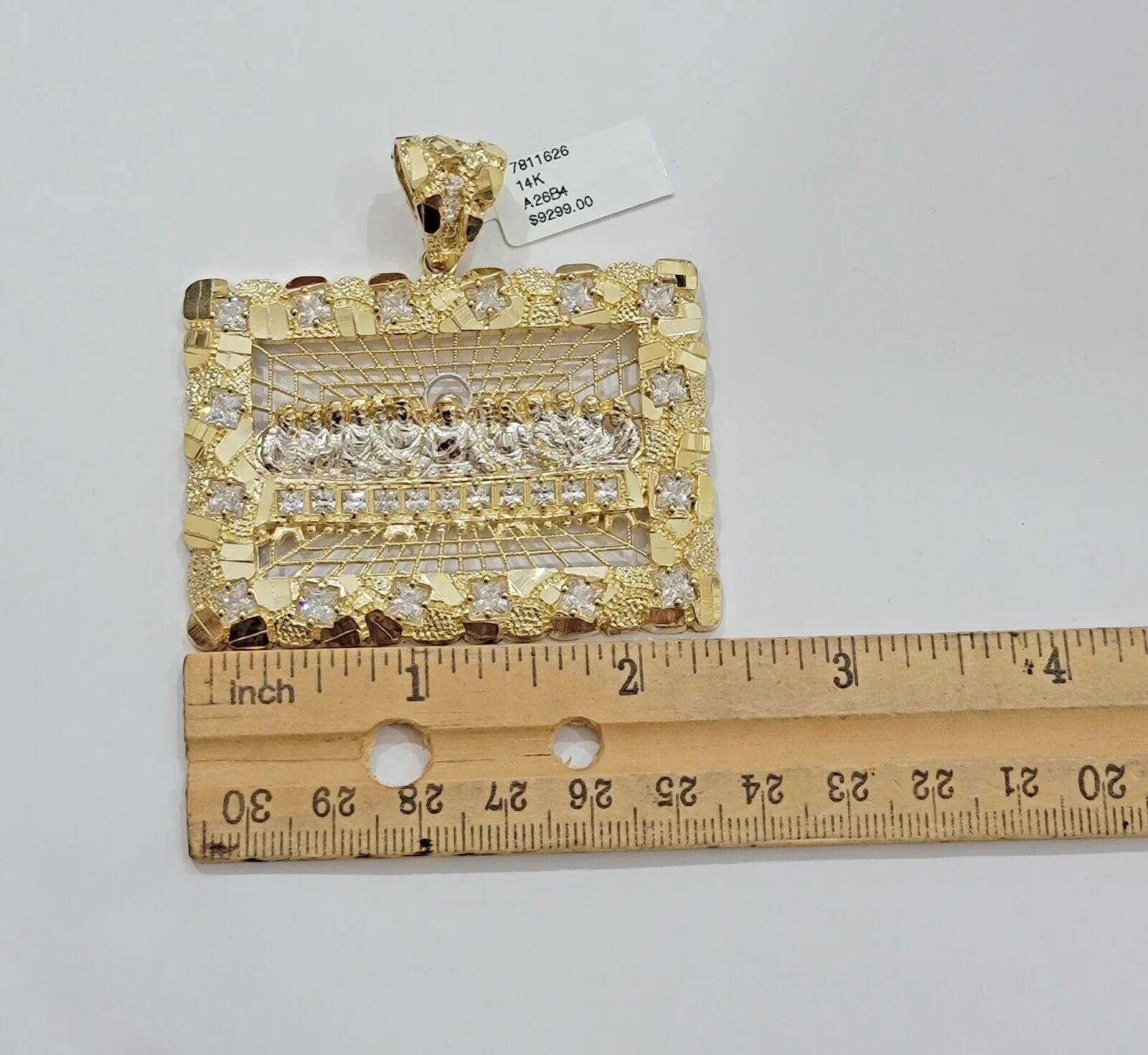 14k Yellow Gold Pendant Nugget Last Supper Charm Medallion Square REAL 14KT Mens - Image 5