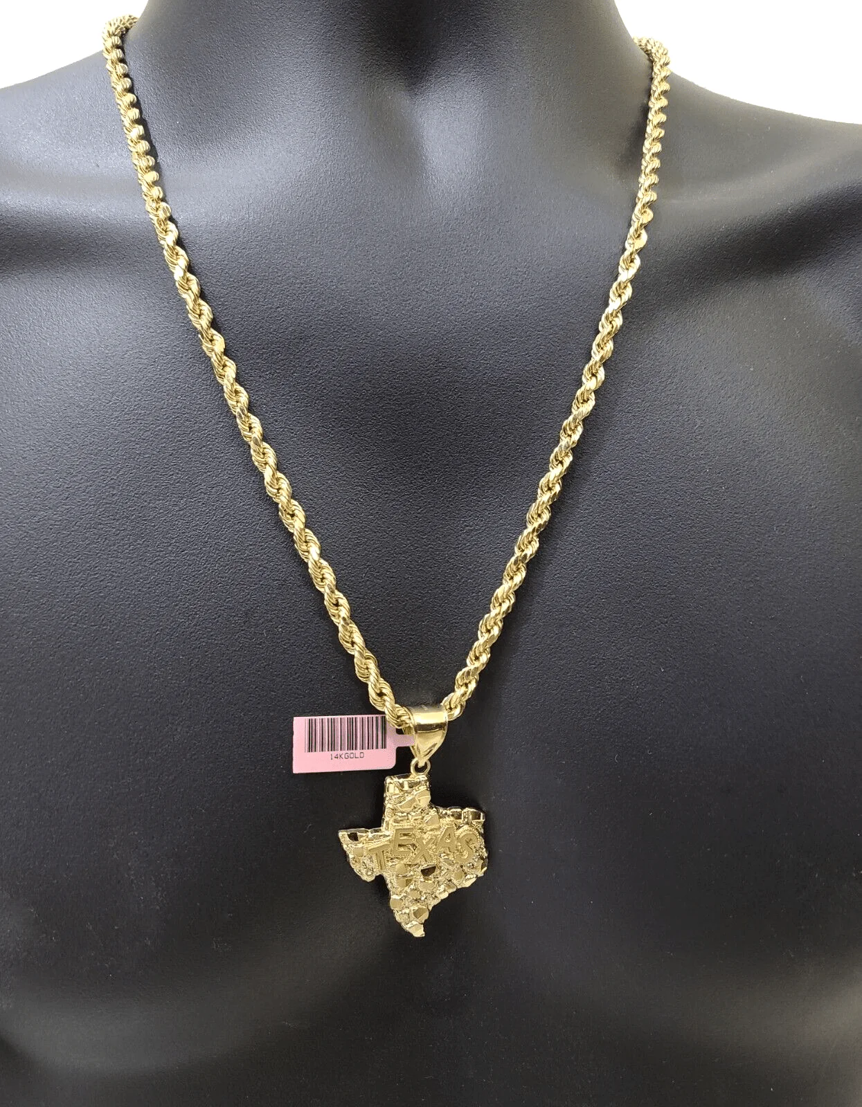14k Yellow Gold Rope Chain 20'' Inch Necklace Texas Map Charm Pendant Real 14kt - Image 6