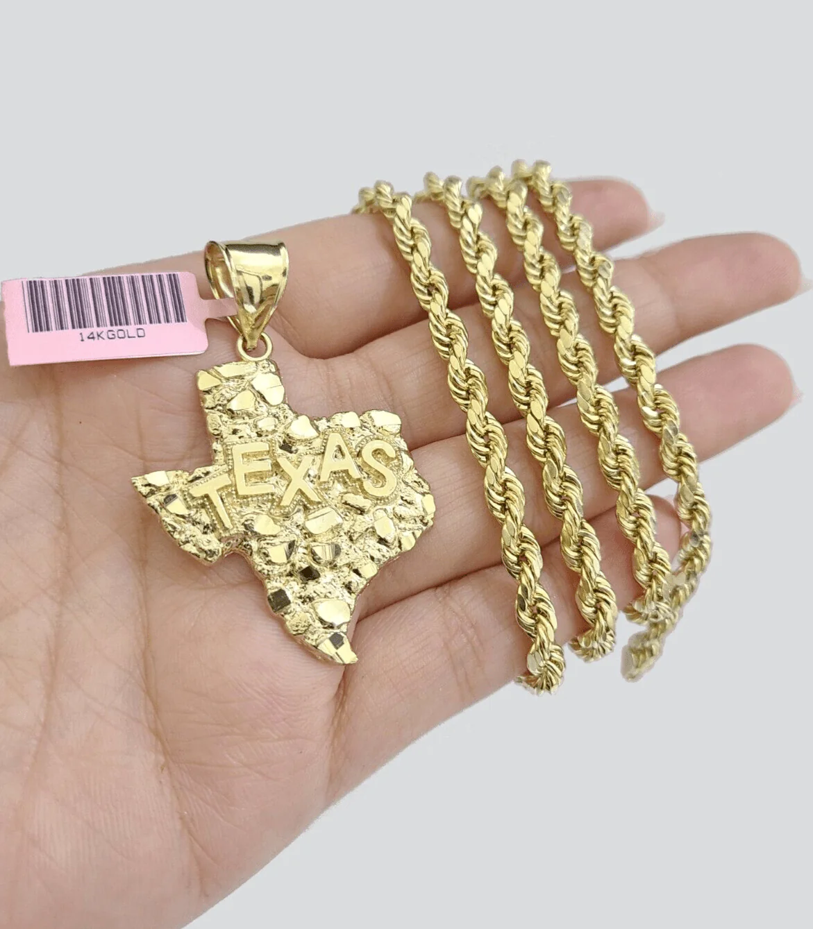 14k Yellow Gold Rope Chain 22'' Inch Necklace Texas Map Charm Pendant Real 14kt - Image 7