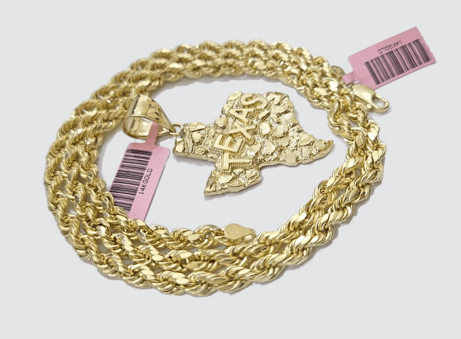 14k Yellow Gold Rope Chain 24'' Inch Necklace Texas Map Charm Pendant Real 14kt - Image 8