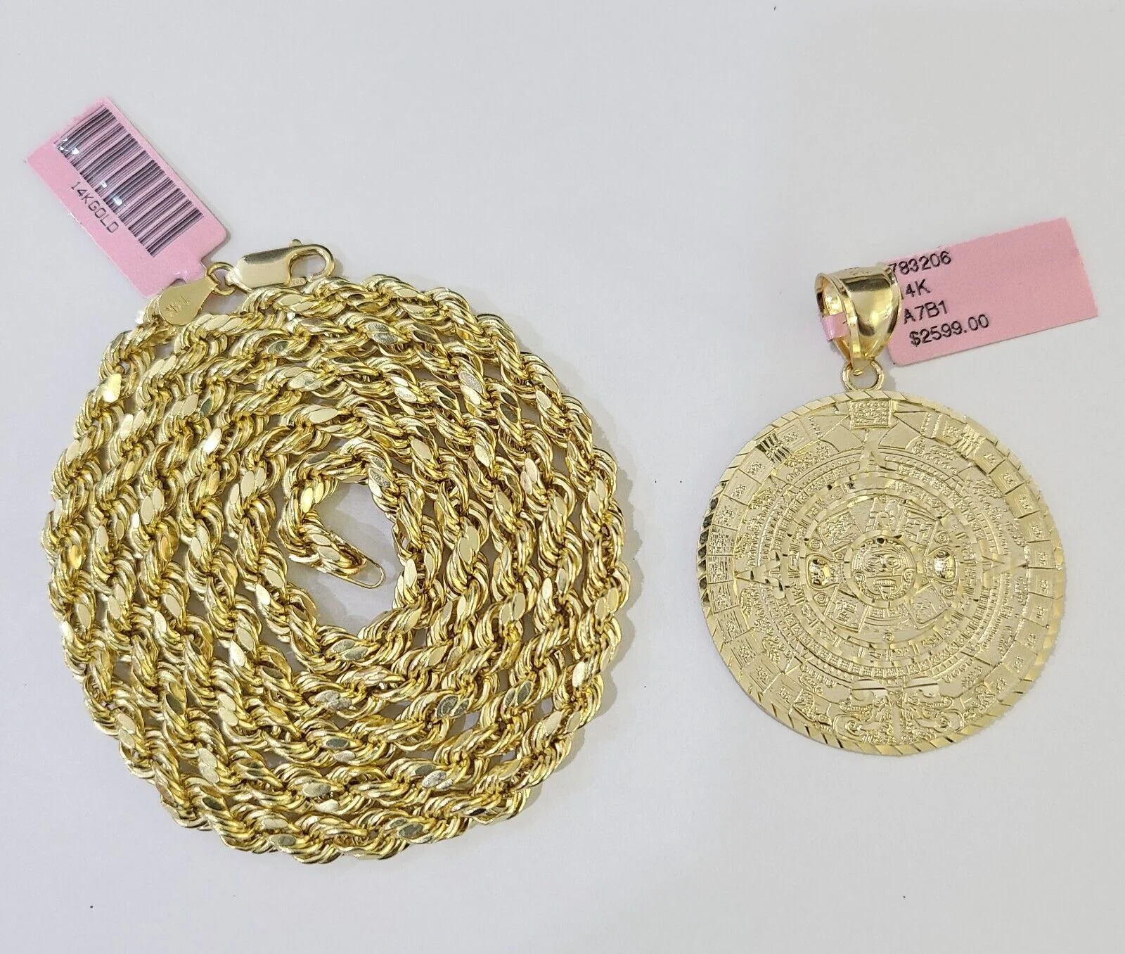 14k Yellow Gold Rope Chain & Mayan Calendar Charm SET 5mm 24 Inches Necklace - Image 6
