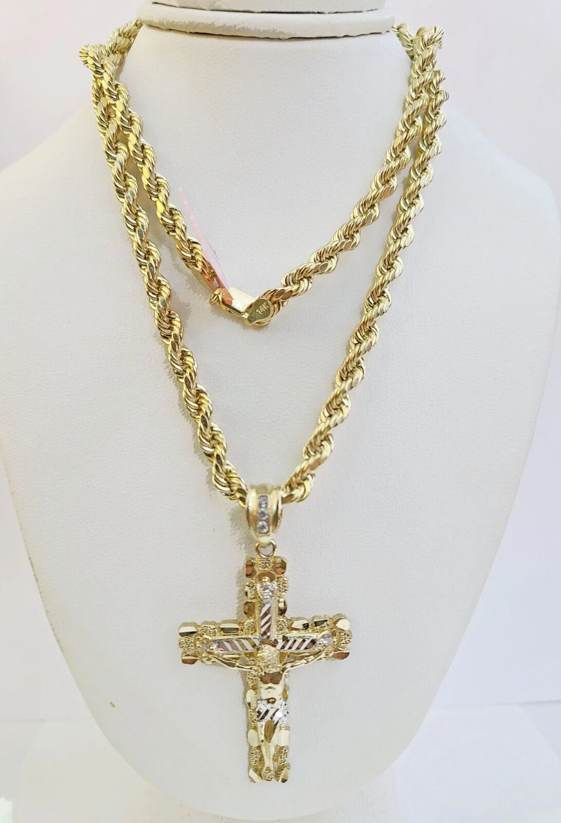 14k Yellow Gold Rope Chain & Nugget Cross Charm Pendent SET 5mm 20 Inch Necklace - Image 4