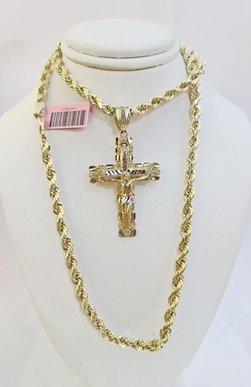 14k Yellow Gold Rope Chain & Nugget Cross Charm Pendent SET 5mm 26 Inch Necklace - Image 6