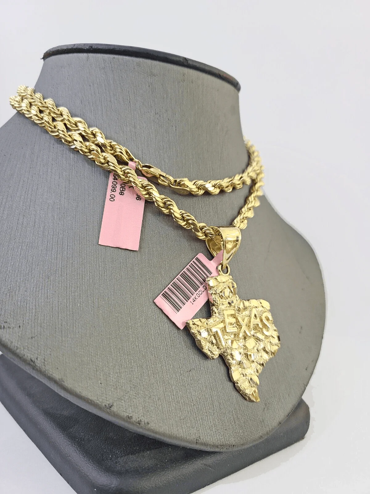 14k Yellow Gold Rope Chain & Texas Map Charm SET 5mm 24 Inches Necklace - Image 2