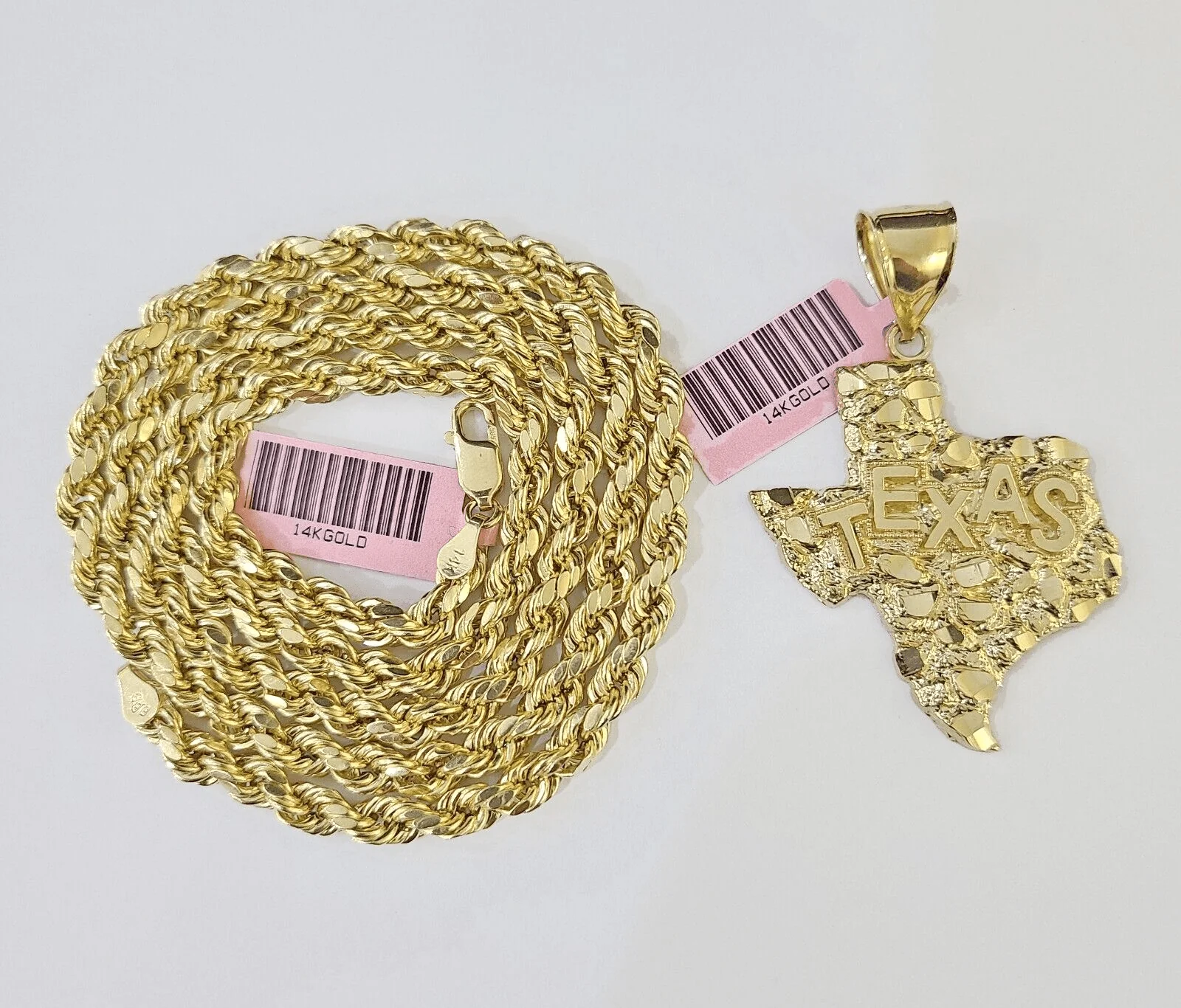 14k Yellow Gold Rope Chain & Texas Map Charm SET 5mm 24 Inches Necklace - Image 5