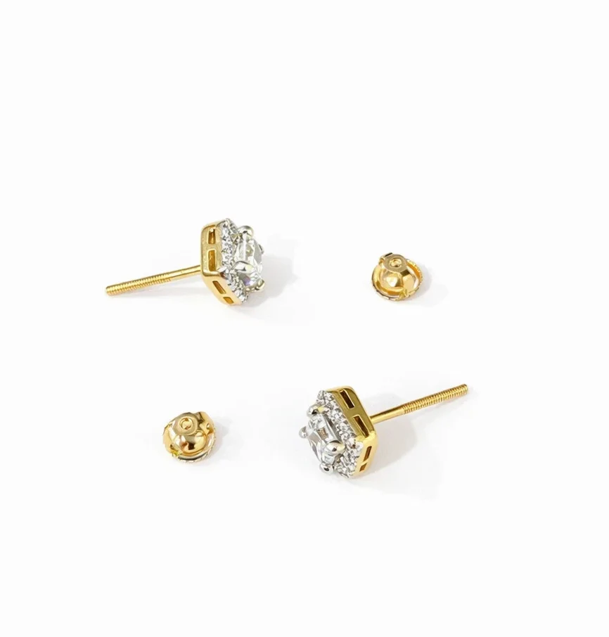 14k Yellow Gold Square Stud Earrings Lab Created Diamonds Screw-Back Women Men - Image 2
