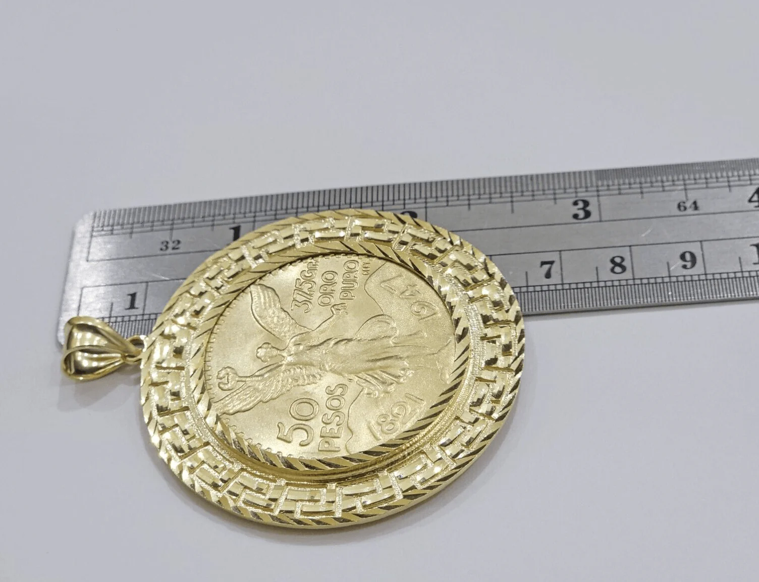 1947 Mexican Centenario 50 Gold Pesos Copy Coin With Bezel Solid 10k Yellow SALE - Image 4