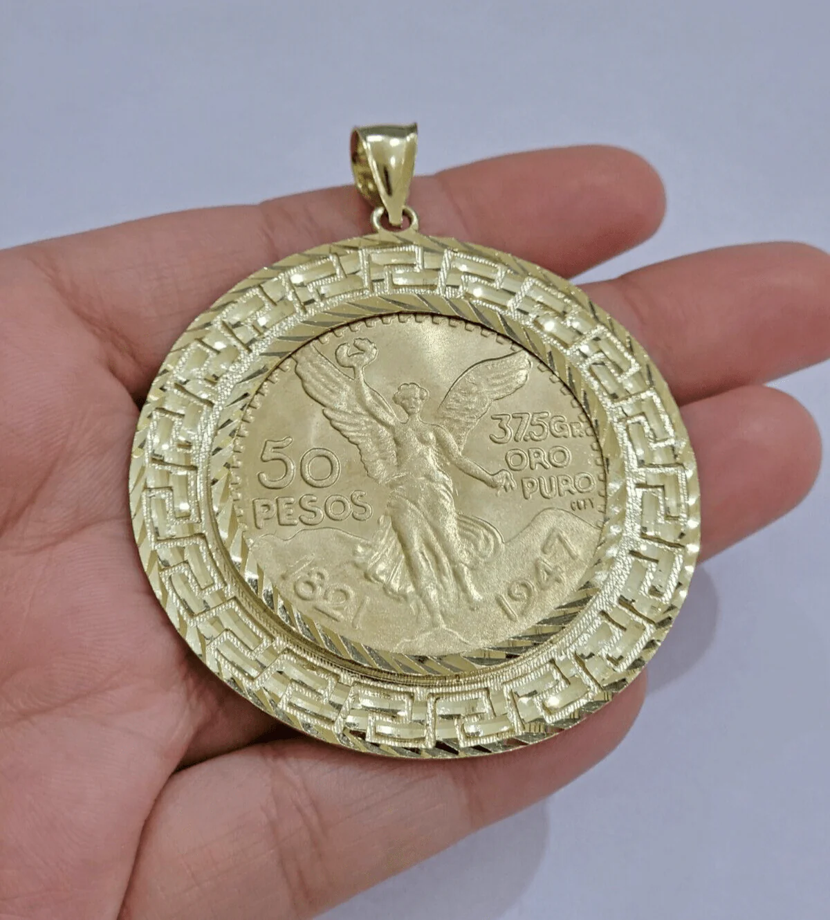 1947 Mexican Centenario Coin Charm Pendant 50 pesos With Bezel Solid 10kt Gold - Image 3