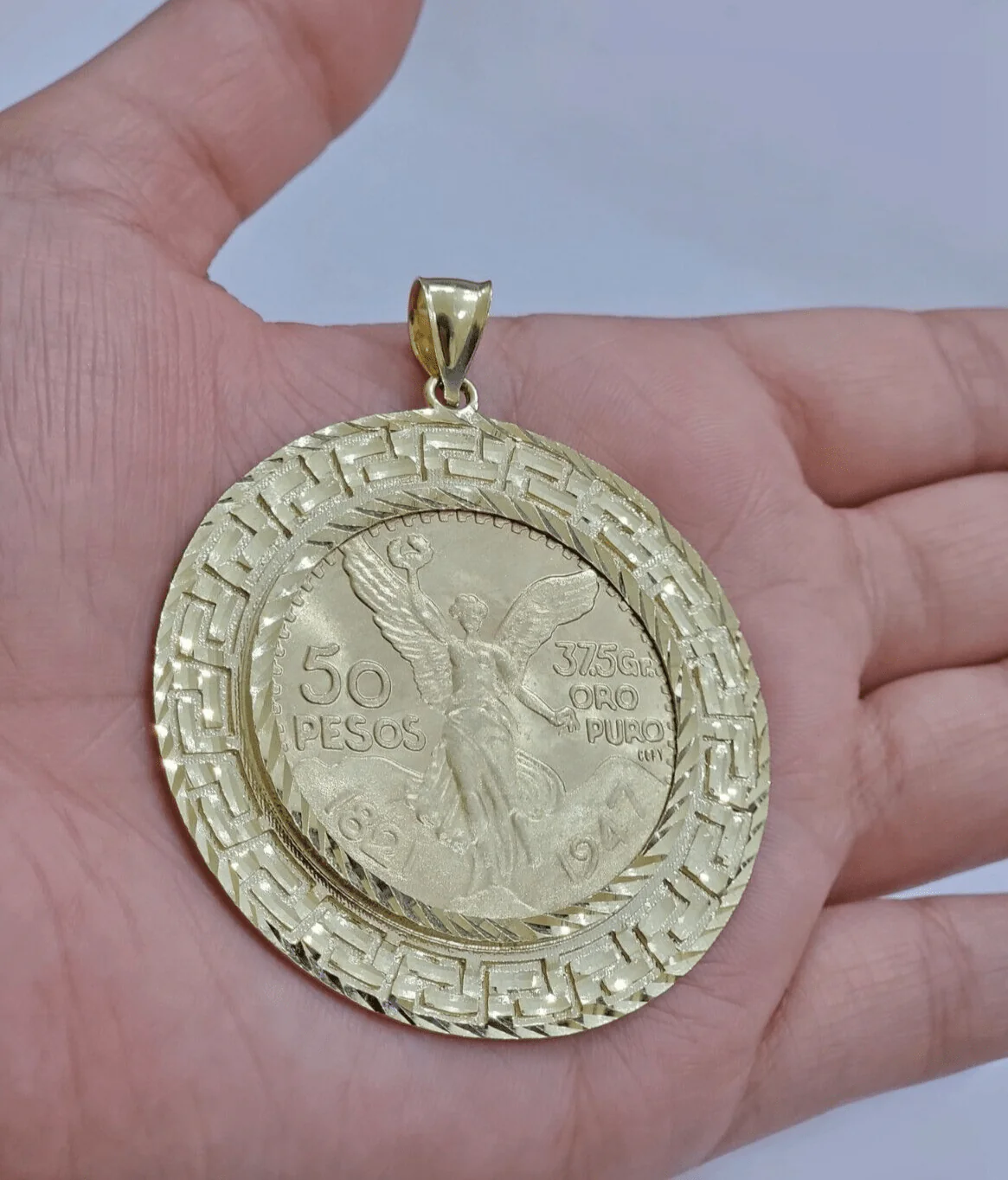 1947 Mexican Centenario Coin Charm Pendant 50 pesos With Bezel Solid 10kt Gold - Image 6