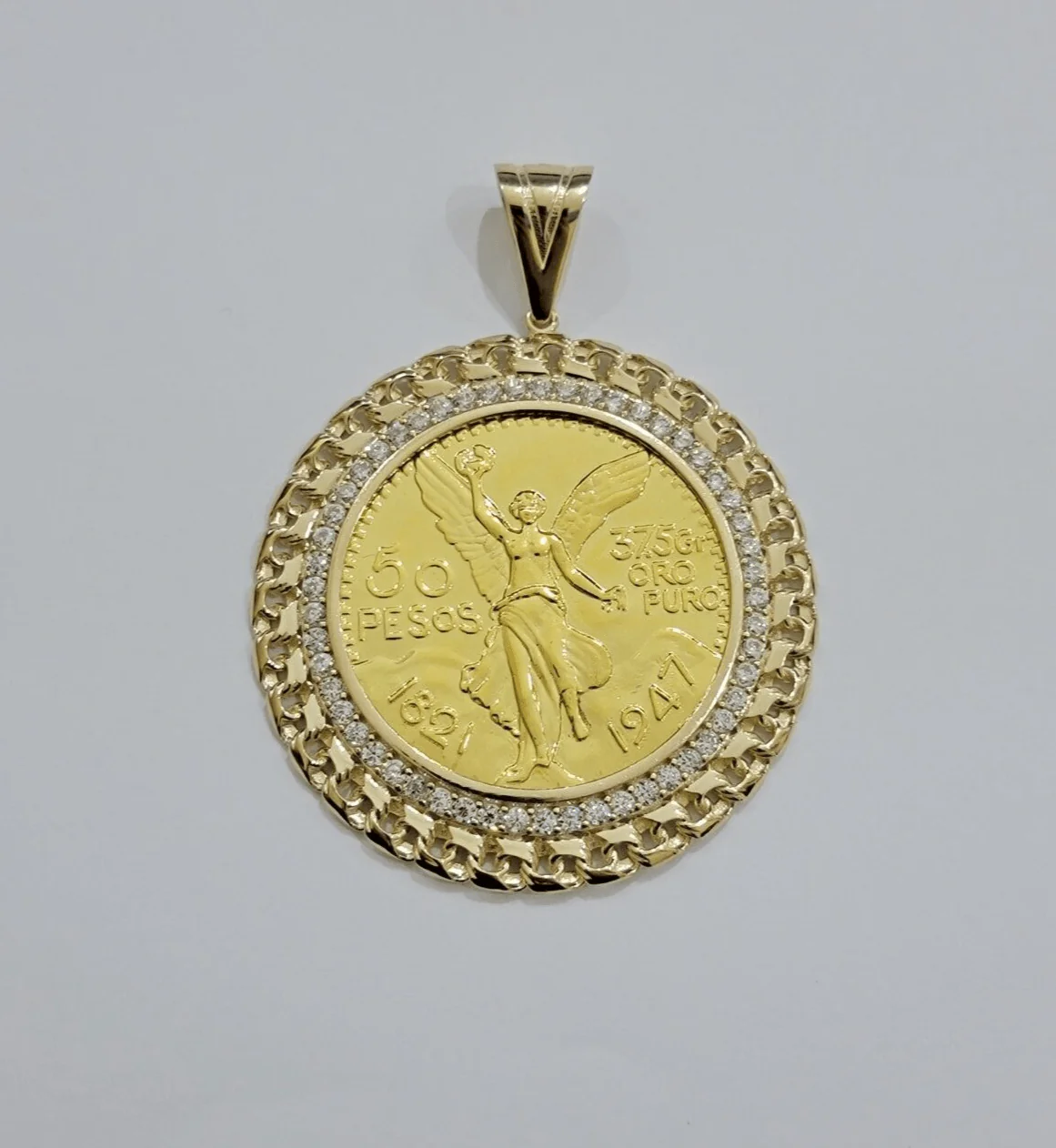 1947 Mexican Centenario Coin Charm Pendant Replica 50 pesos With Bezel 10kt Gold - Image 6