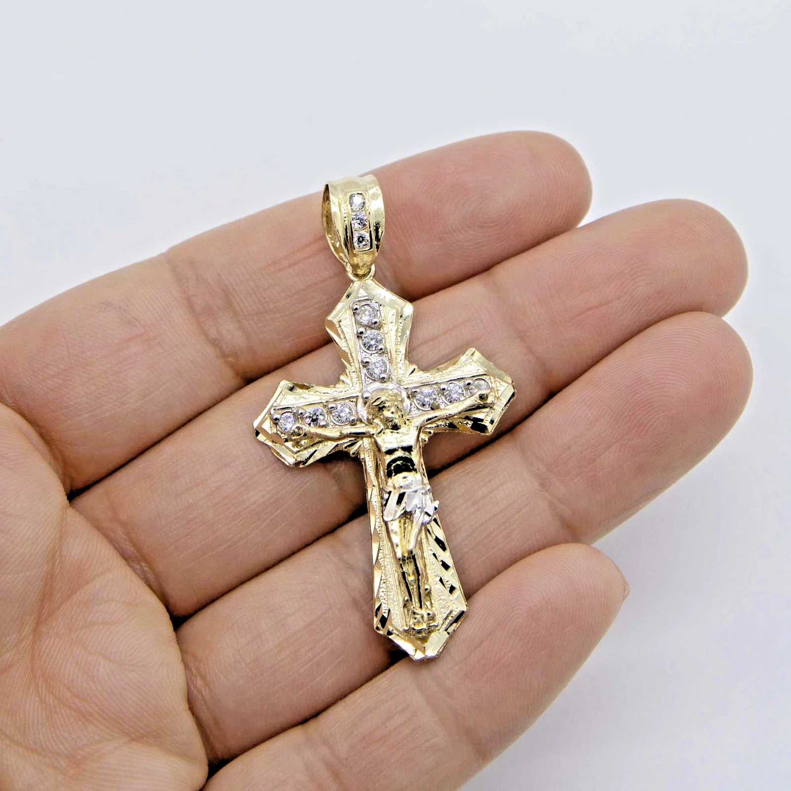 2" Diamond-Cut Jesus Crucifix Cross Pendant Real 10K Yellow White Gold / Men's - Image 2