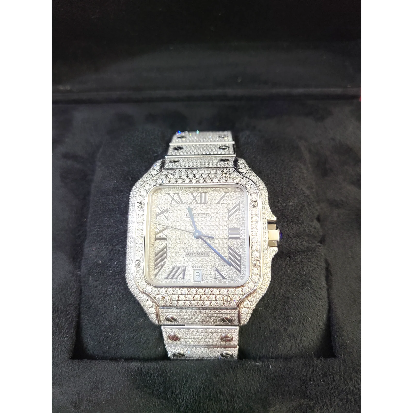 40mm Cartier Santos Men's S.Steel Watch Roman Iced Out 12 CT Diamonds (pre-owned) - Image 4