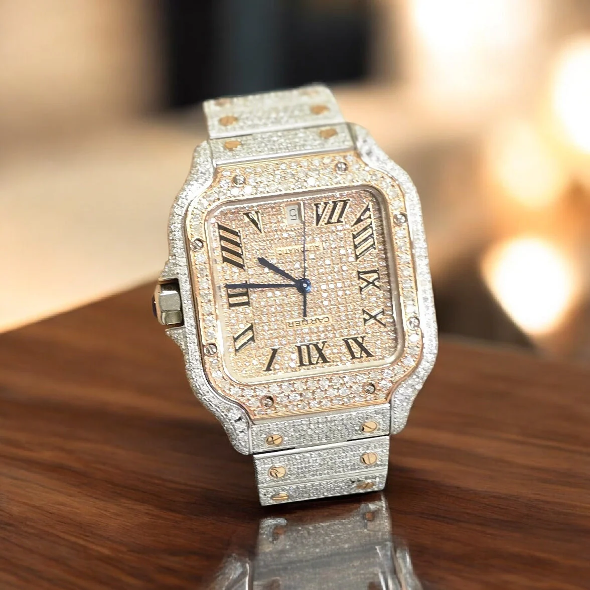 Cartier Santos Men's 40mm S.Steel Watch Roman Iced Out 12ct Diamonds (pre-owned) - Image 3