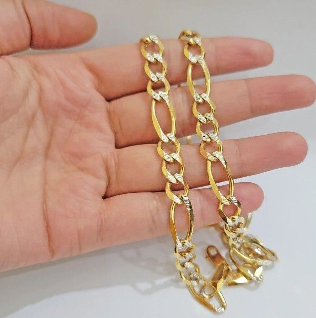 Figaro Link Chain Real 10k Yellow Gold 8mm Necklace 18- 30 Inch Solid Two Tone - Image 7