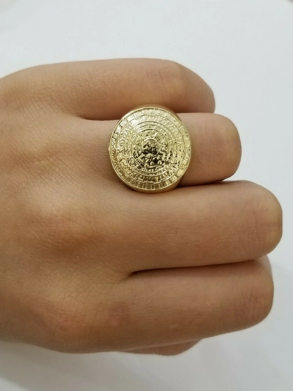 GOLD Mens Ring Aztec Mayan Solid 10k Yellow Gold Sun Calendar 10 KT  REAL Gold - Image 4