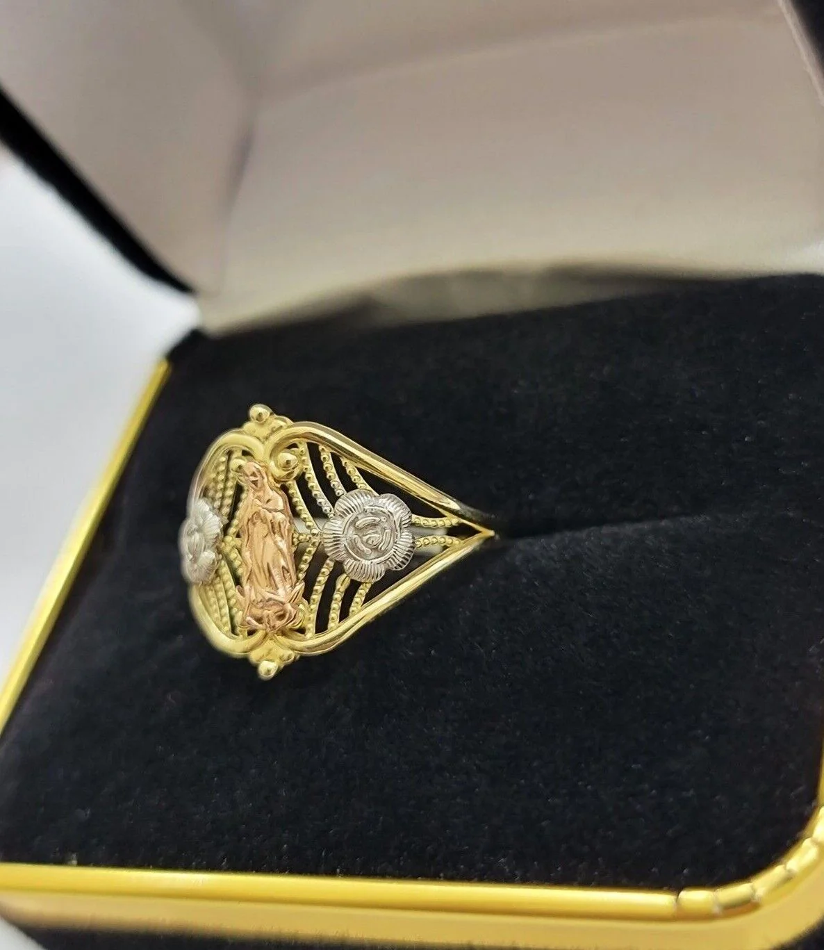 Ladies Ring 10k Yellow Gold Virgin Mary Cross 10KT REAL Gold Unique Size 7 SALE - Image 10