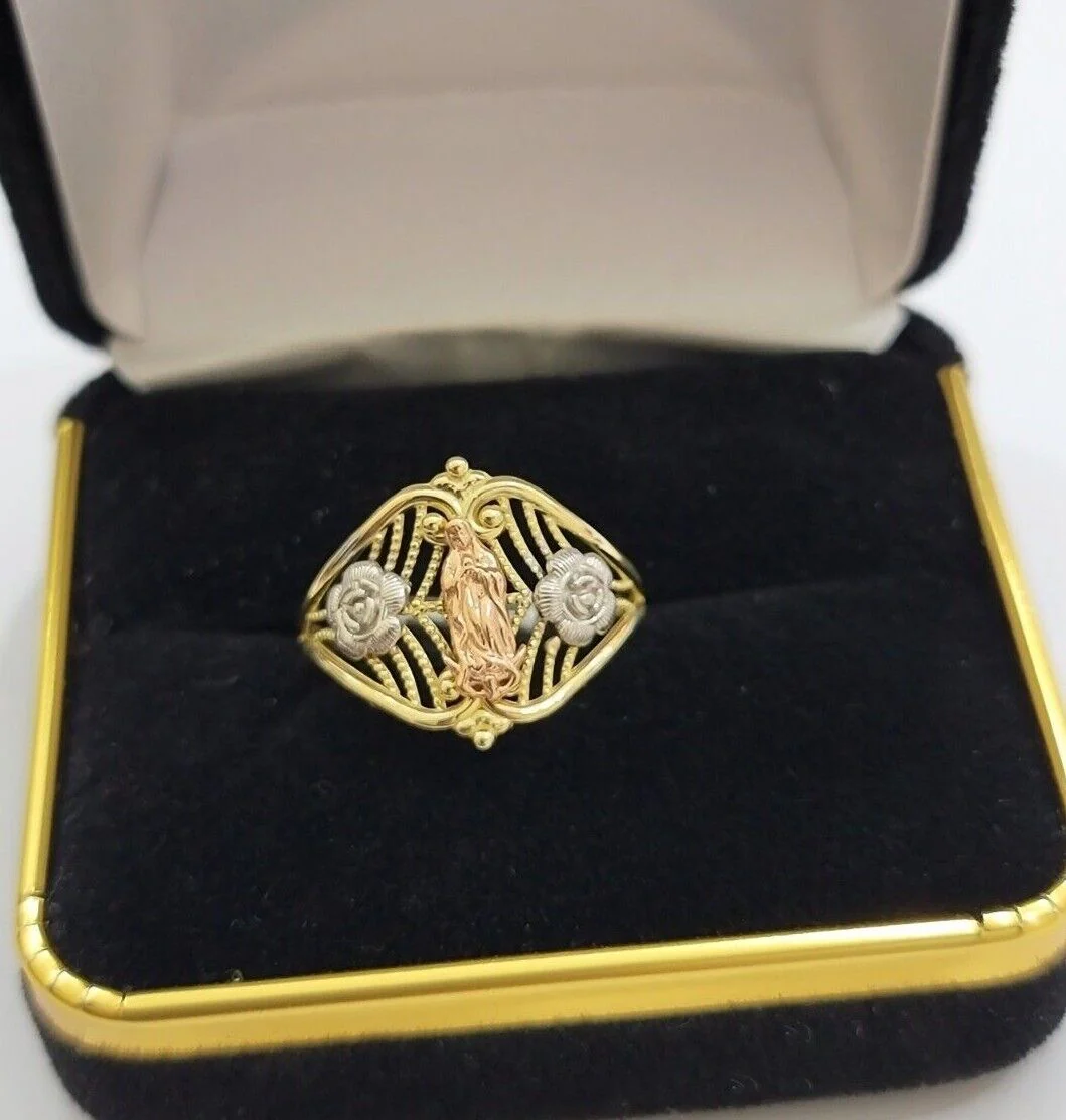 Ladies Ring 10k Yellow Gold Virgin Mary Cross 10KT REAL Gold Unique Size 7 SALE - Image 7