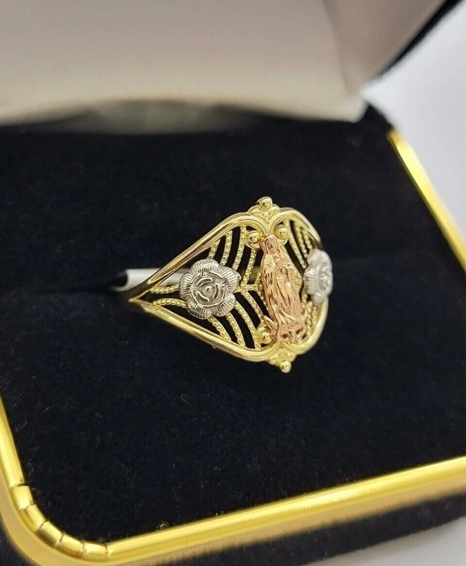 Ladies Ring 10k Yellow Gold Virgin Mary Cross 10KT REAL Gold Unique Size 7 SALE - Image 9