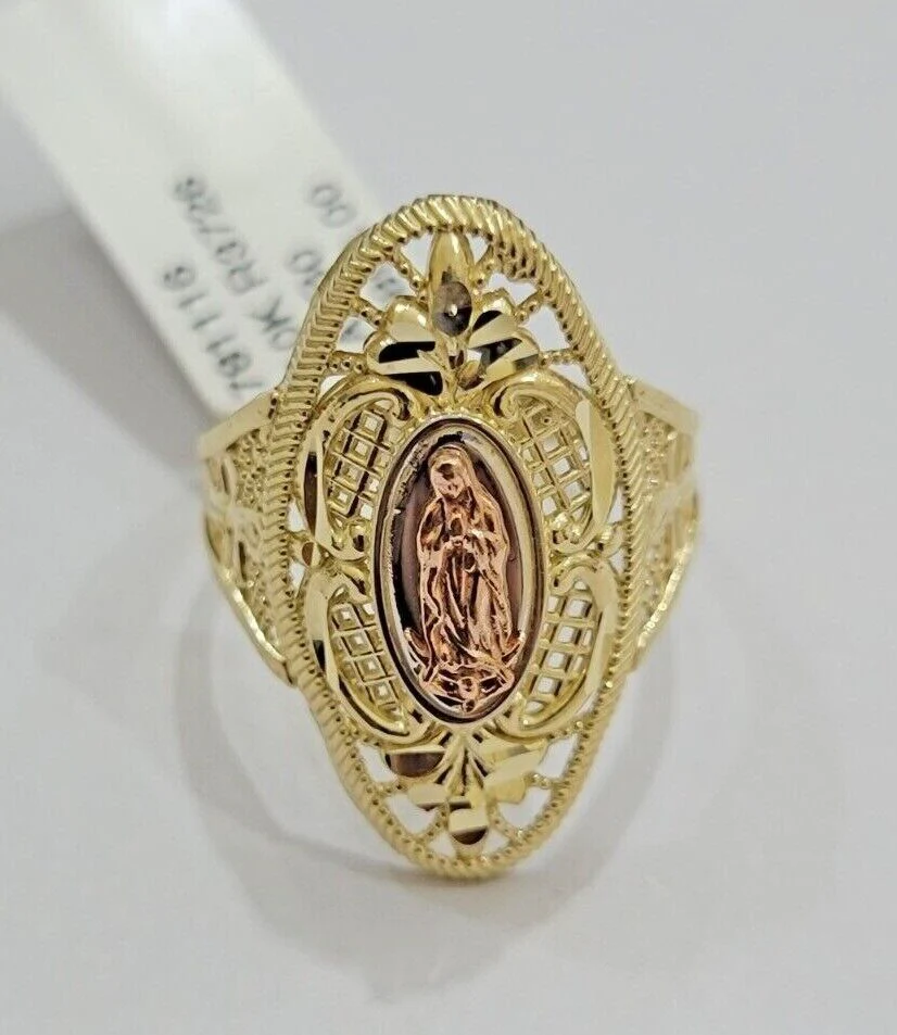 Ladies Ring 10k Yellow Gold Virgin Mary Cross 10KT REAL Gold Unique Size 7 SALE - Image 3