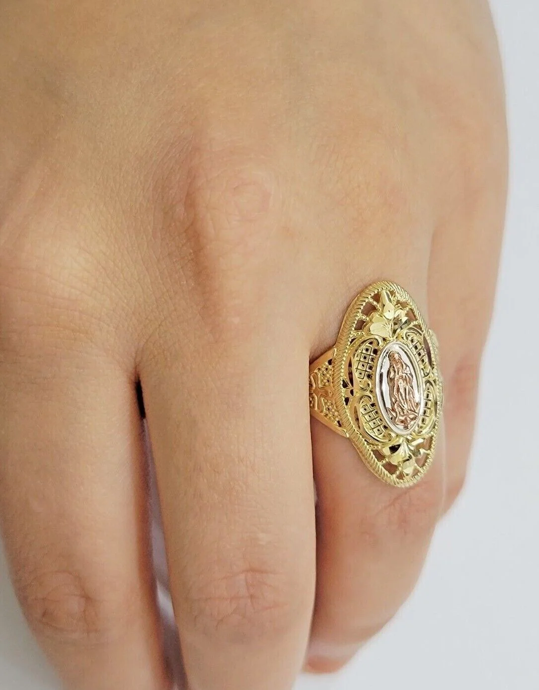 Ladies Ring 10k Yellow Gold Virgin Mary Cross 10KT REAL Gold Unique Size 7 SALE - Image 4
