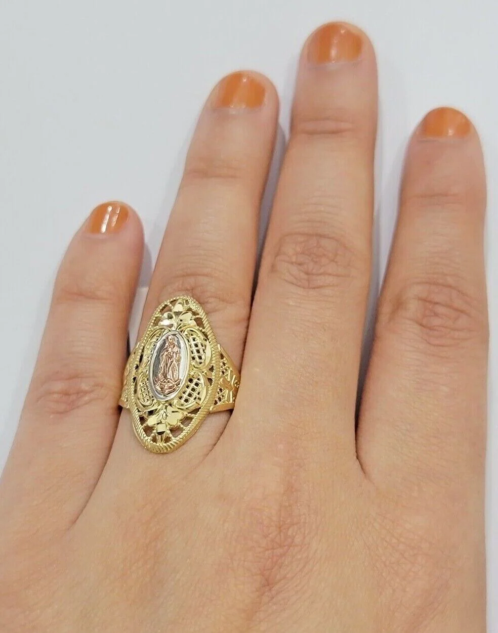 Ladies Ring 10k Yellow Gold Virgin Mary Cross 10KT REAL Gold Unique Size 7 SALE - Image 6