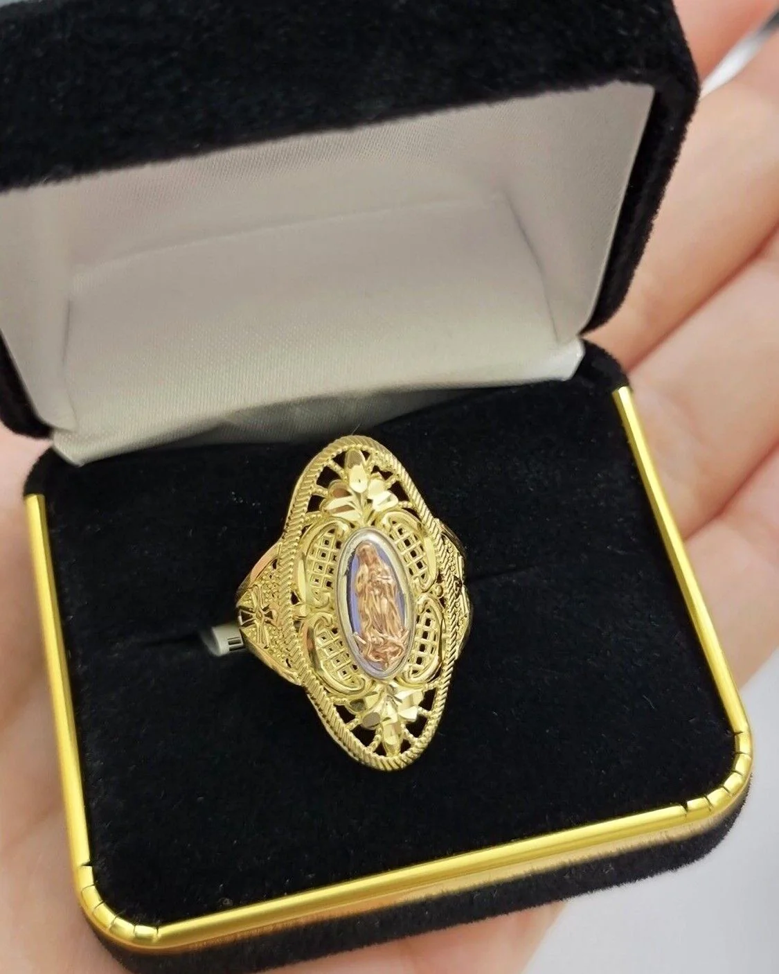 Ladies Ring 10k Yellow Gold Virgin Mary Cross 10KT REAL Gold Unique Size 7 SALE - Image 7